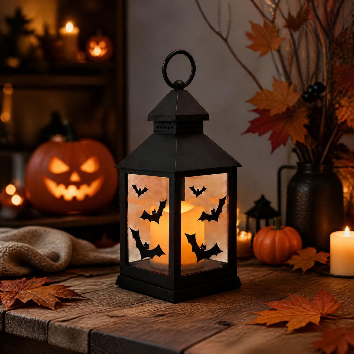 Halloween Black Metal Lantern with Glass – Bats