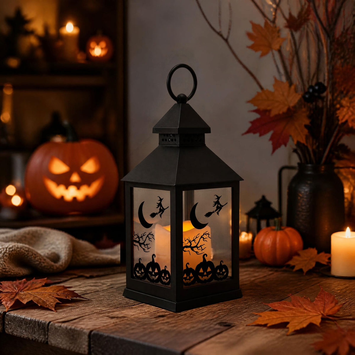 Halloween Black Metal Lantern with Glass – Pumpkin