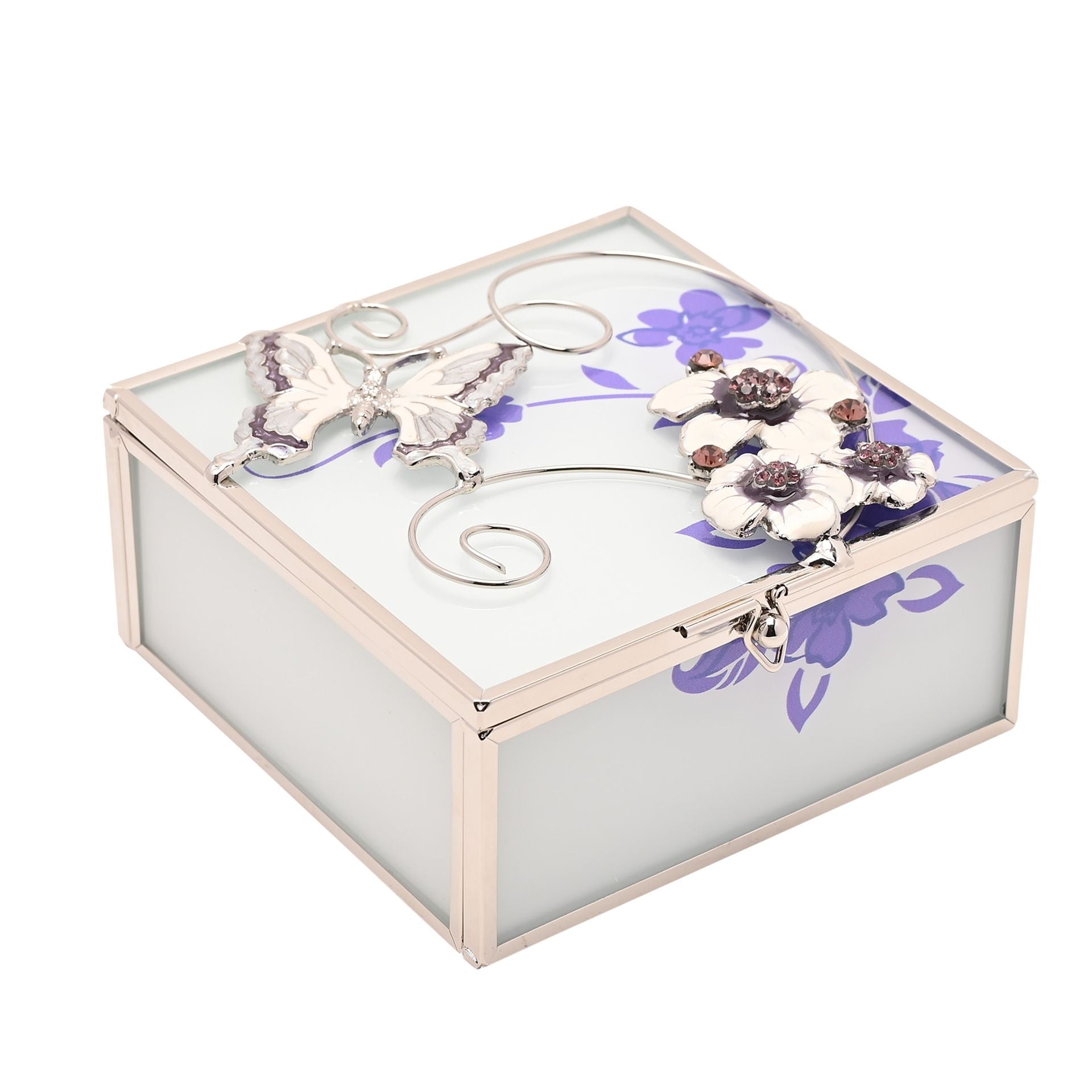 Glass Square Trinket Box Purple Butterfly/Flwrs/Crys