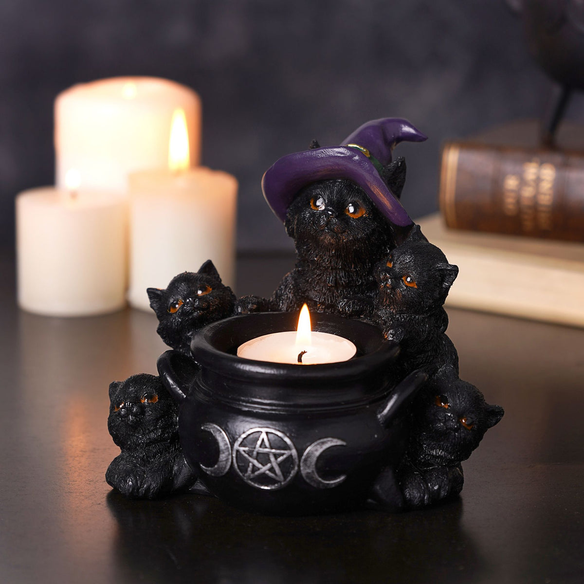 Mystic Legends Black Cats and Cauldron Tealight Holder