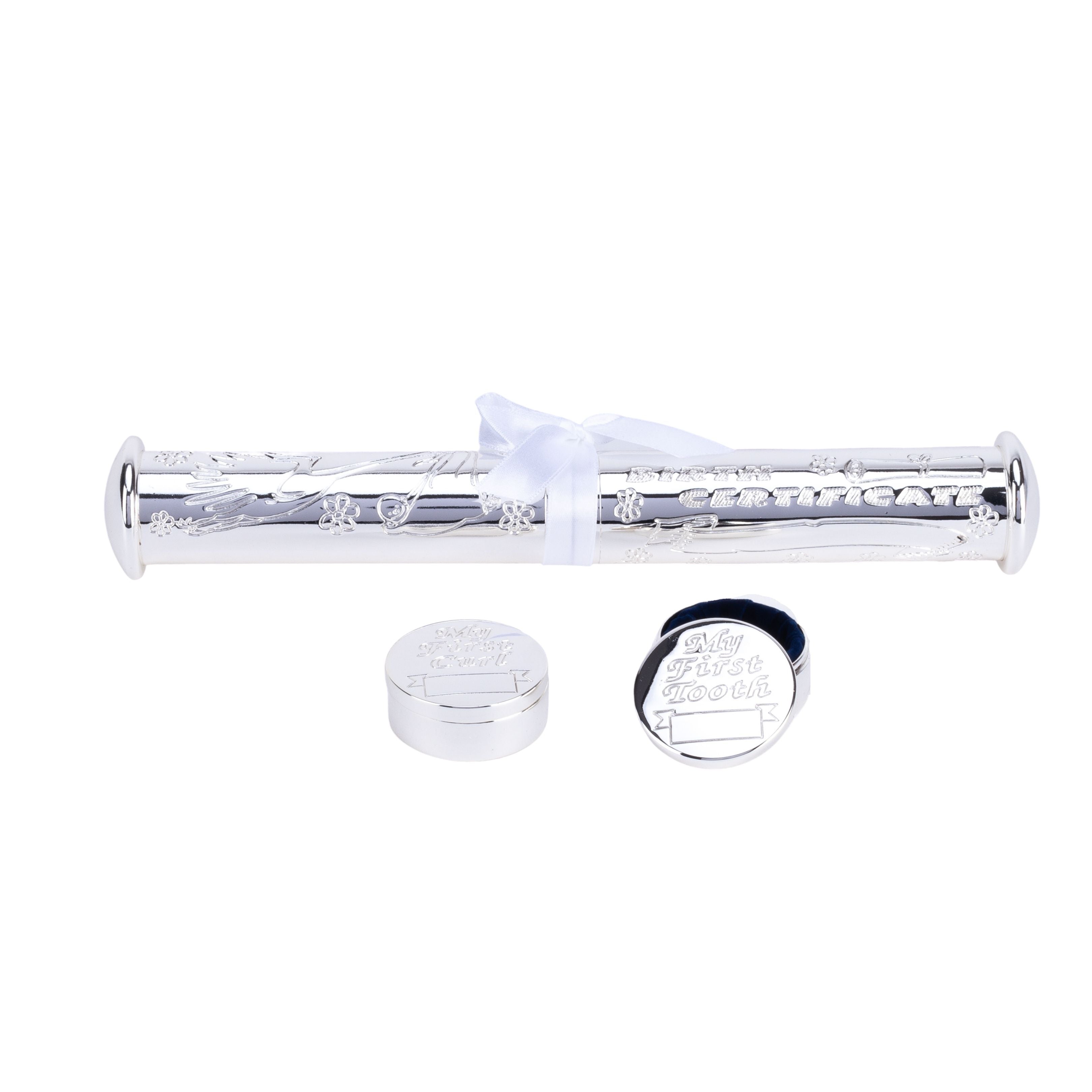 Silverplated Birth certificate Holder &1st Tooth & Curl Set