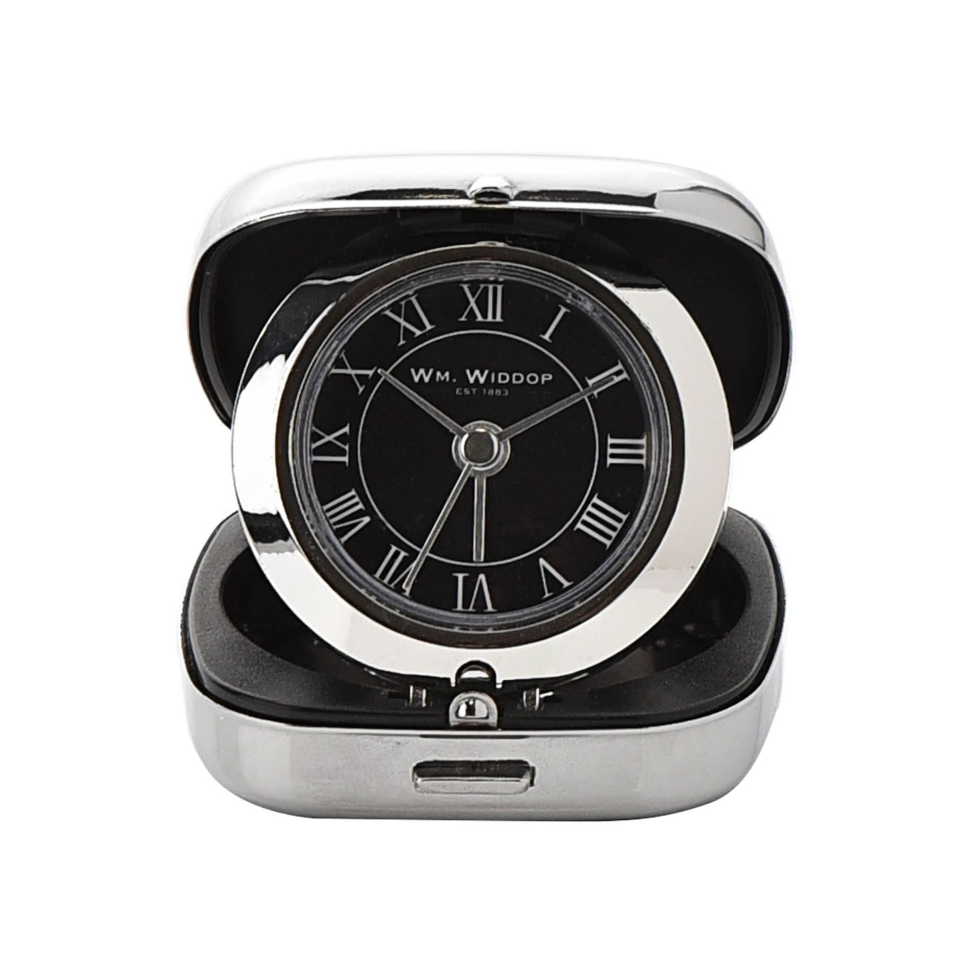 Wm Widdop Chrome Fold up cushion shape Alarm Black Dial