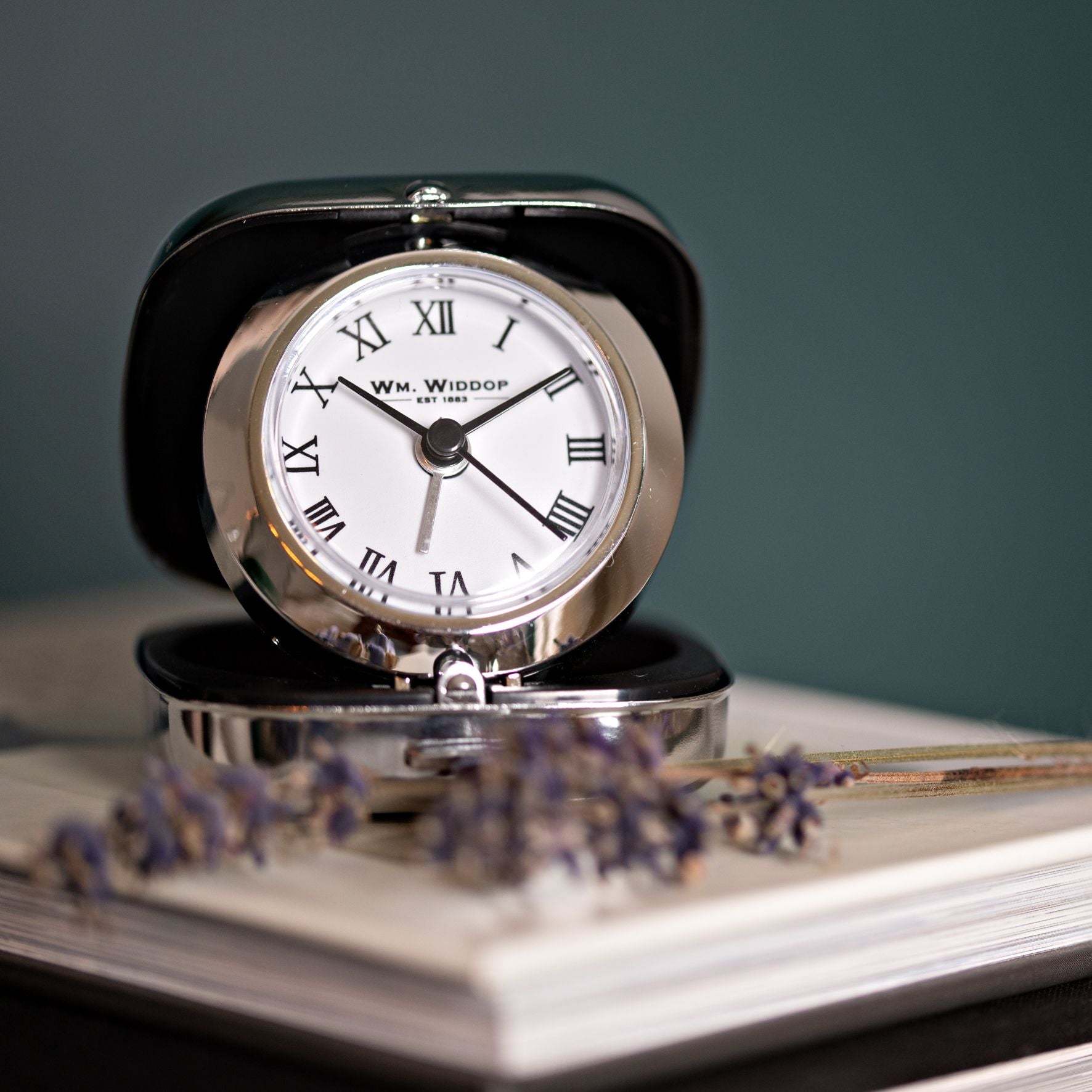 Wm Widdop Metal Fold up Alarm Clock Roman White Dial
