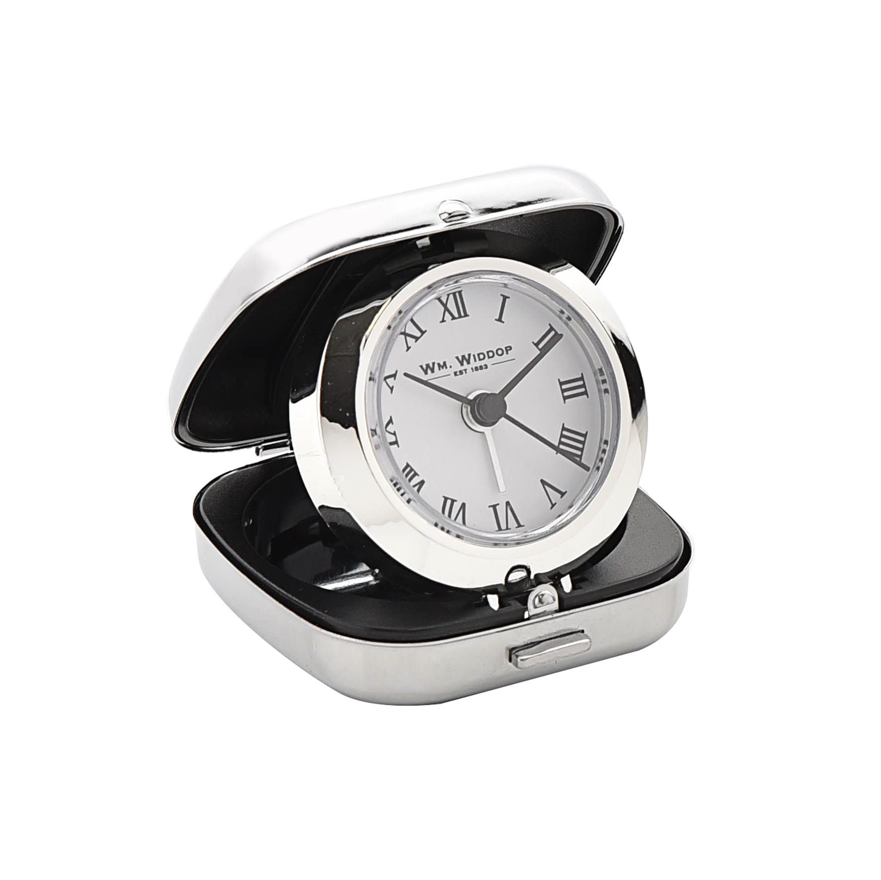 Wm Widdop Metal Fold up Alarm Clock Roman White Dial