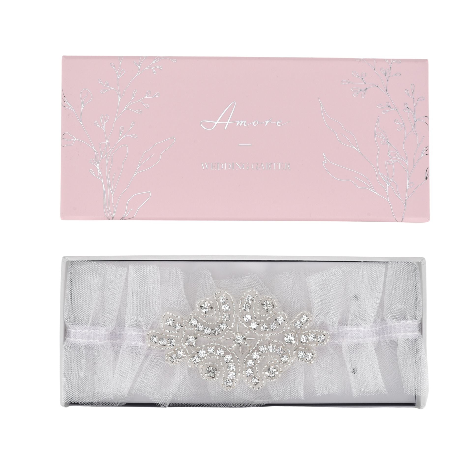Amore Garter - White Tulle With Diamante