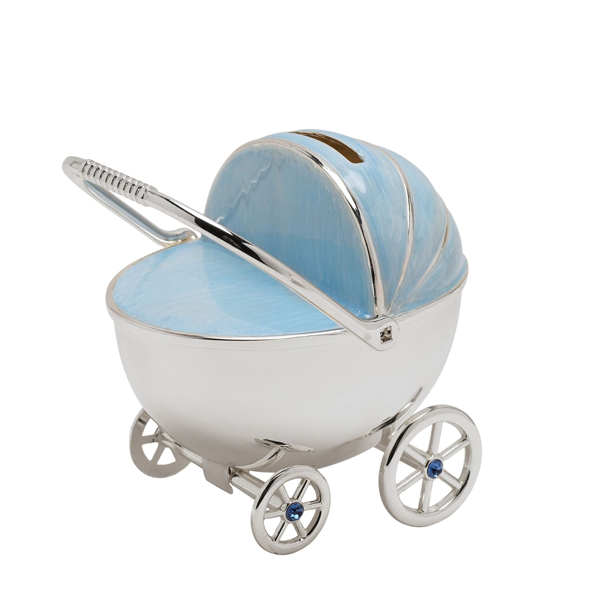 Bambino Silver Plated Pram Money Box - Blue