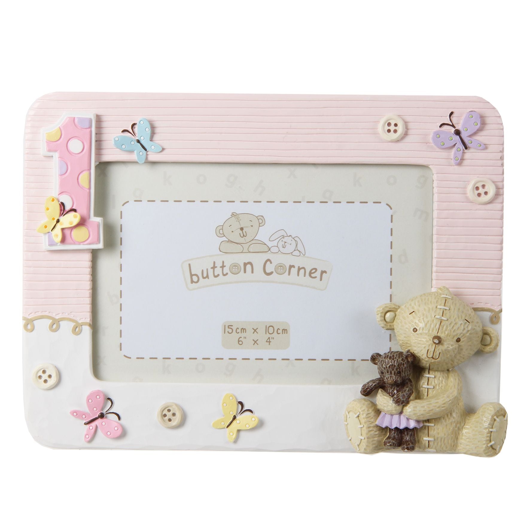Button Corner Resin Photo Frame 1st Birthday Pink 6" x 4"