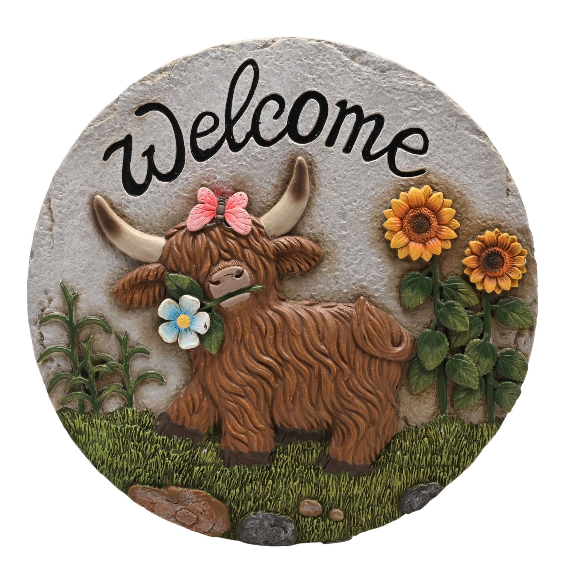 Country Living Cement Stepping Stones Highland Cow "Welcome"