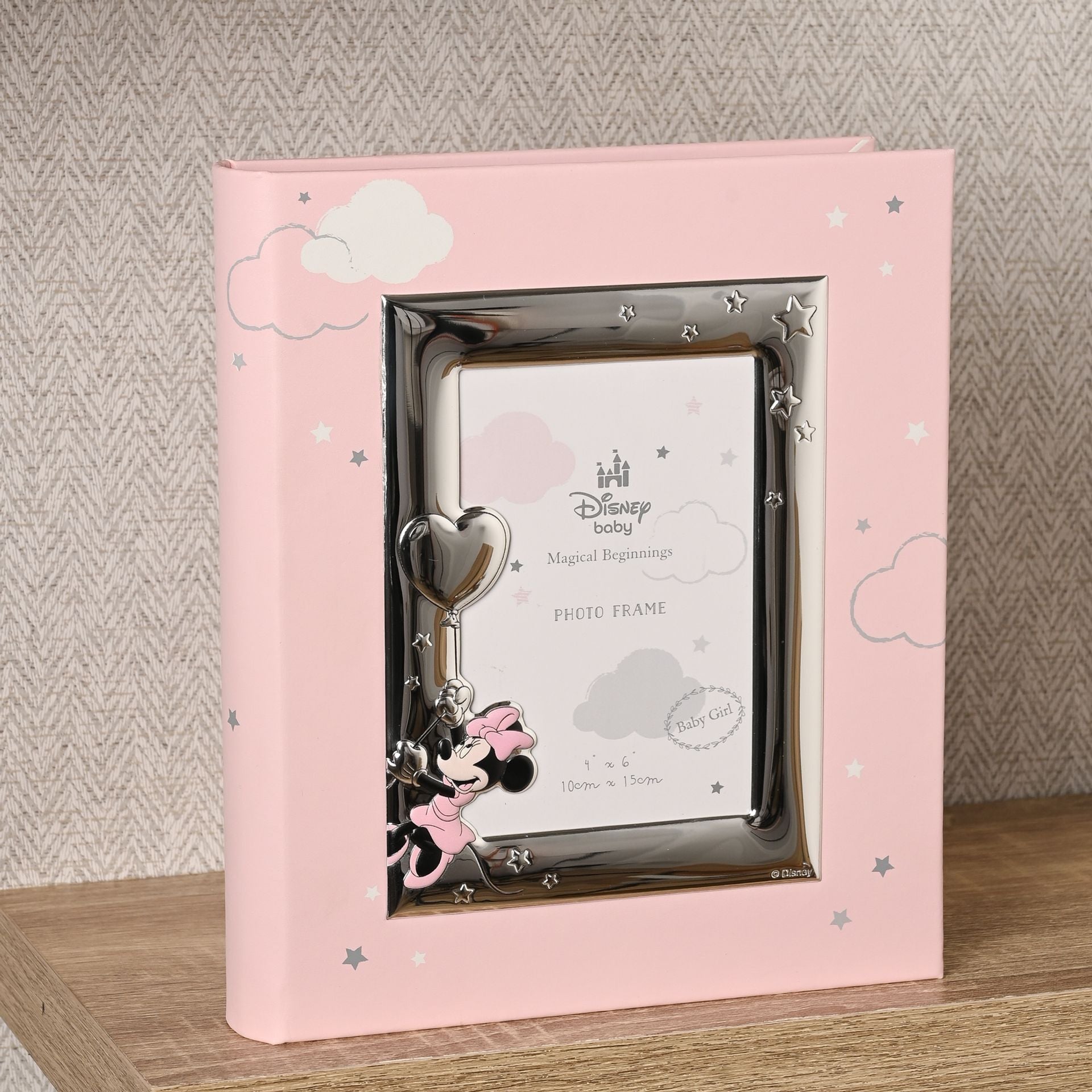 Disney Minnie Mouse With Balloon Silver Plated Album With Frame 8" x 10" - Faux Leather With Four Colours