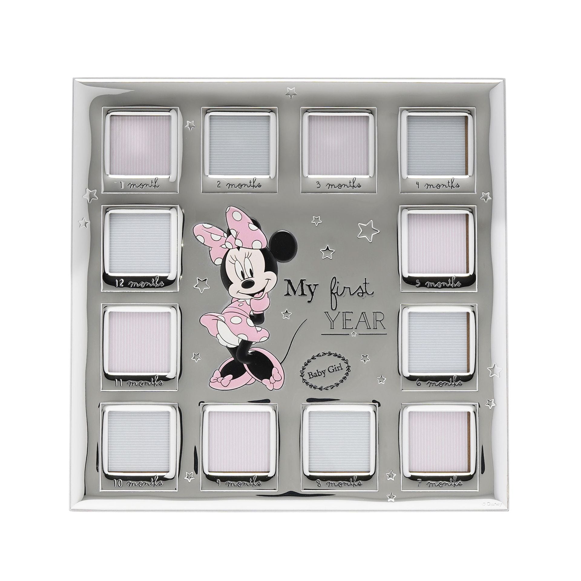 Disney Minnie Mouse 12 Month Multi Aperture Real 999 Silver Plate Frame With White Wooden Back