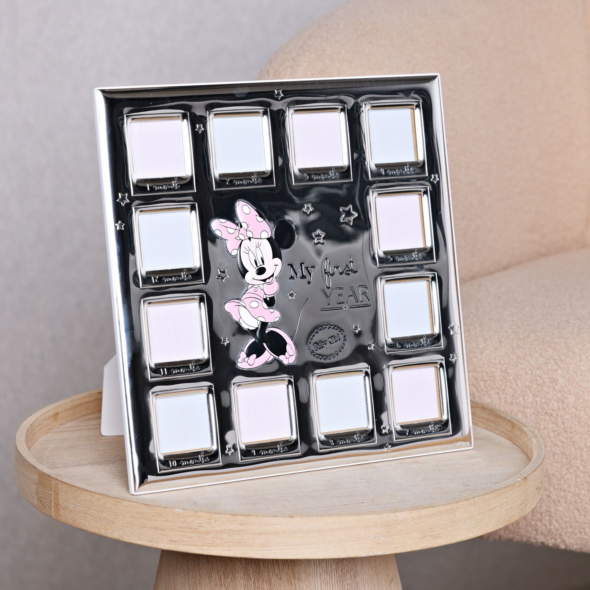 Disney Minnie Mouse 12 Month Multi Aperture Real 999 Silver Plate Frame With White Wooden Back
