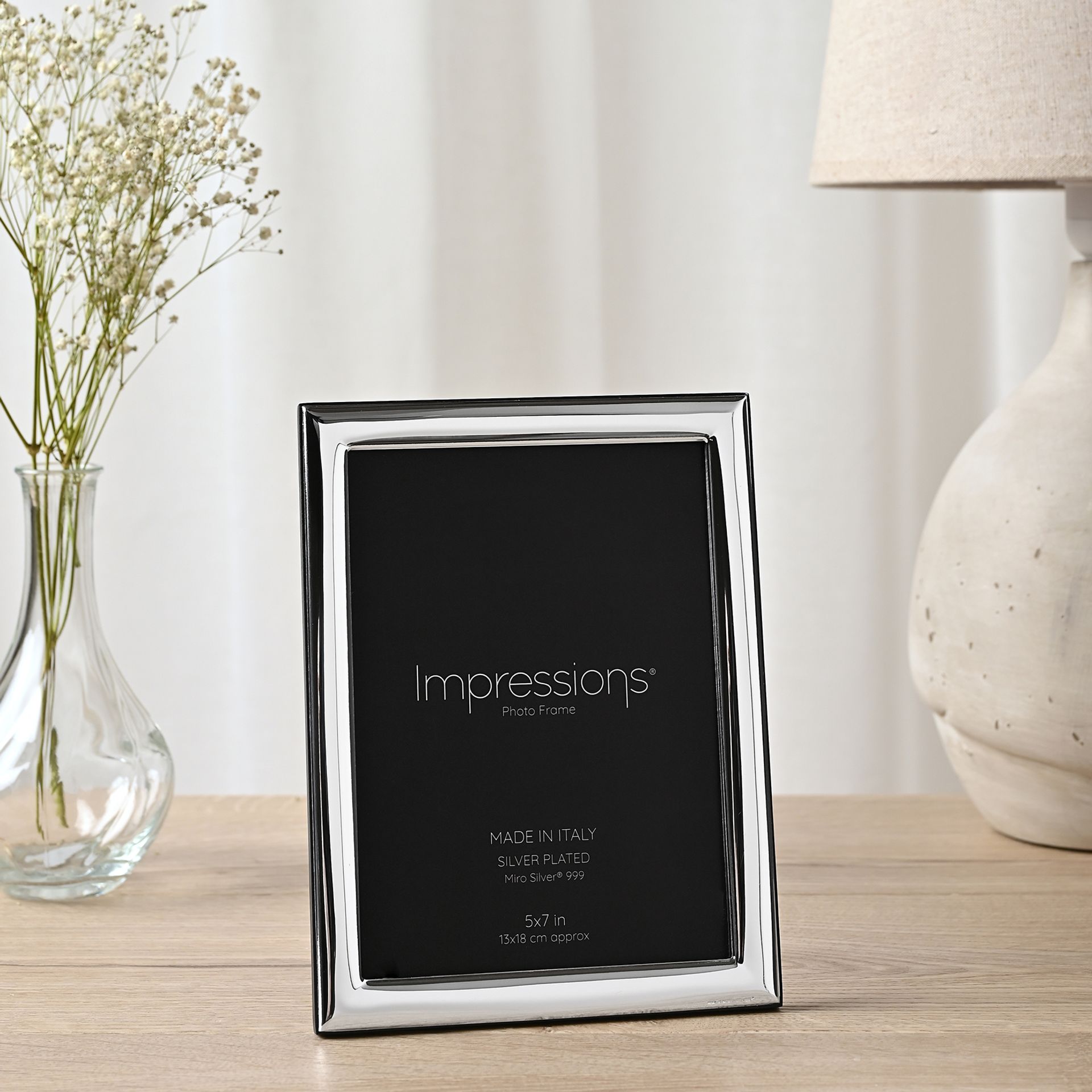 Impressions 999 Silver Narrow Smooth Photo Frame 5" x 7" Wood Back Made In Italy