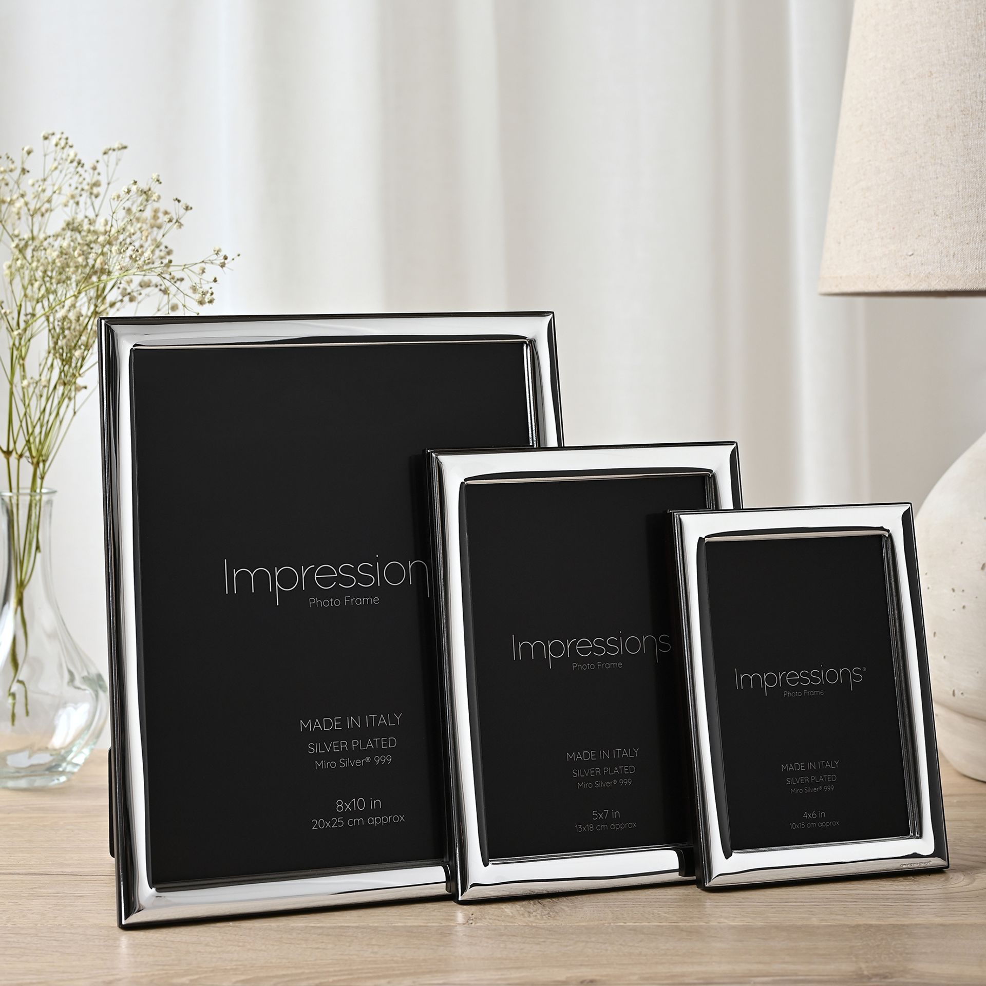 Impressions 999 Silver Narrow Smooth Photo Frame 8" x 10" Wood Back Made In Italy