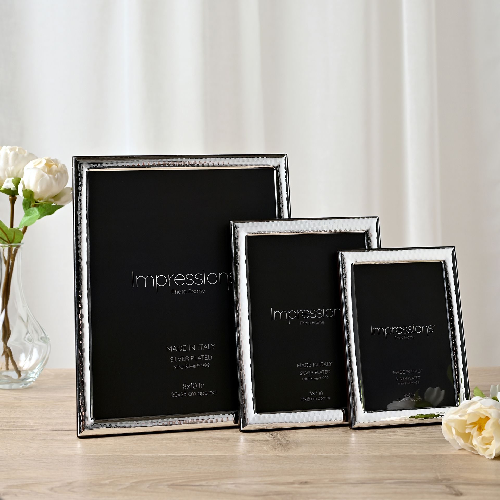 Impressions 999 Silver Hammered Photo Frame 4" x 6" Wood Back Made In Italy