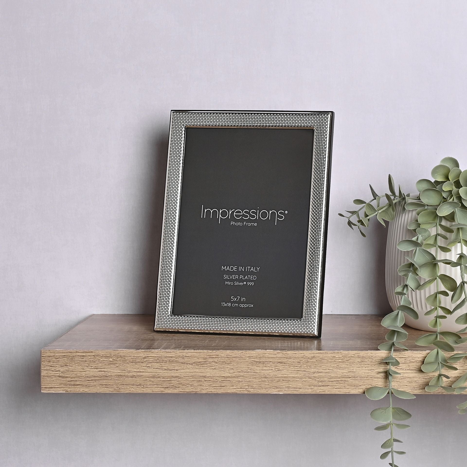Impressions 999 Silver Narrow Textured Photo Frame 5" x 7" Wood Back Made In Italy