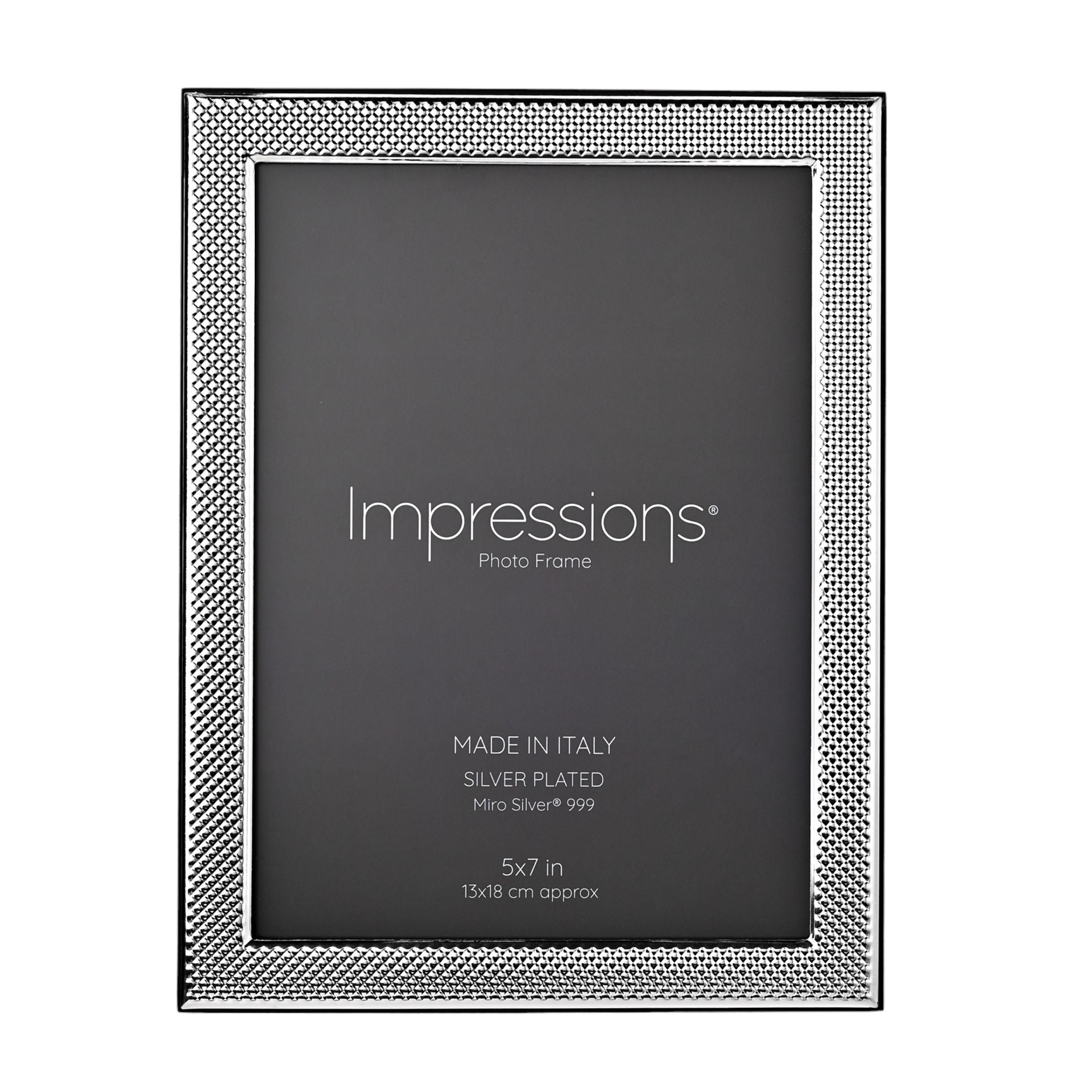 Impressions 999 Silver Narrow Textured Photo Frame 5" x 7" Wood Back Made In Italy