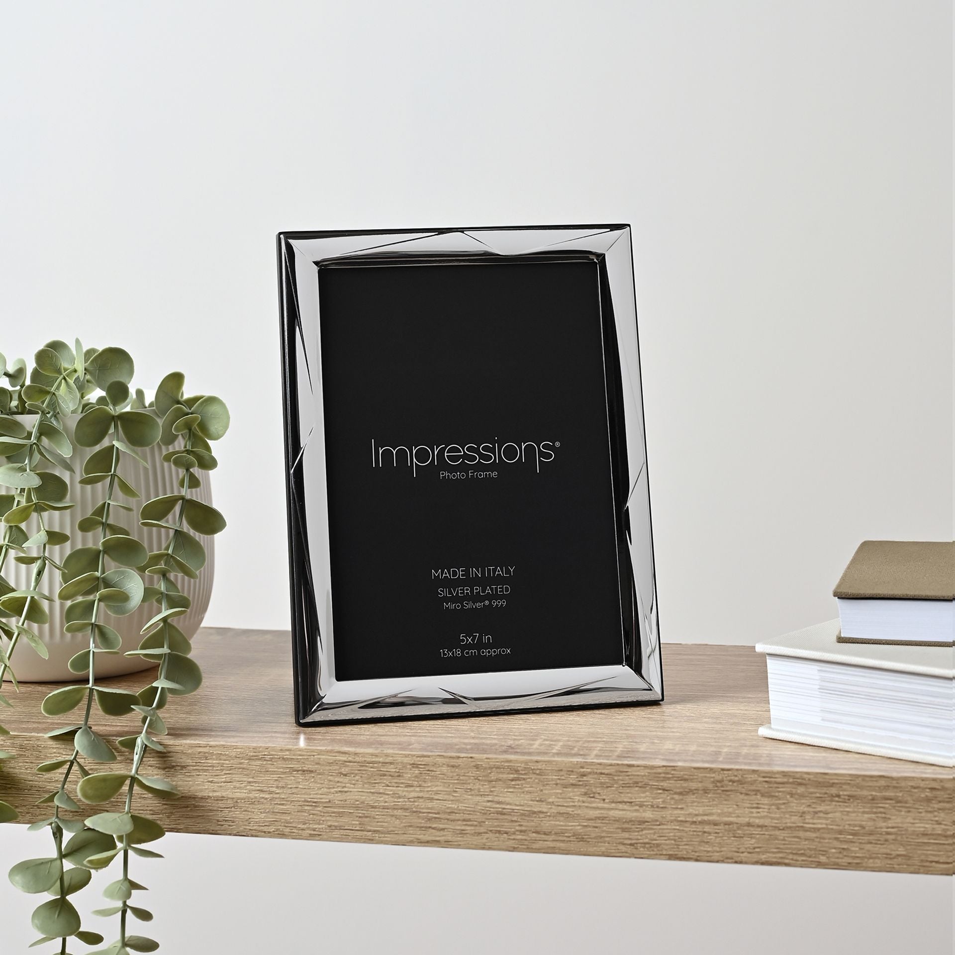Impressions 999 Silver Geometric Photo Frame 5" x 7" Wood Back Made In Italy