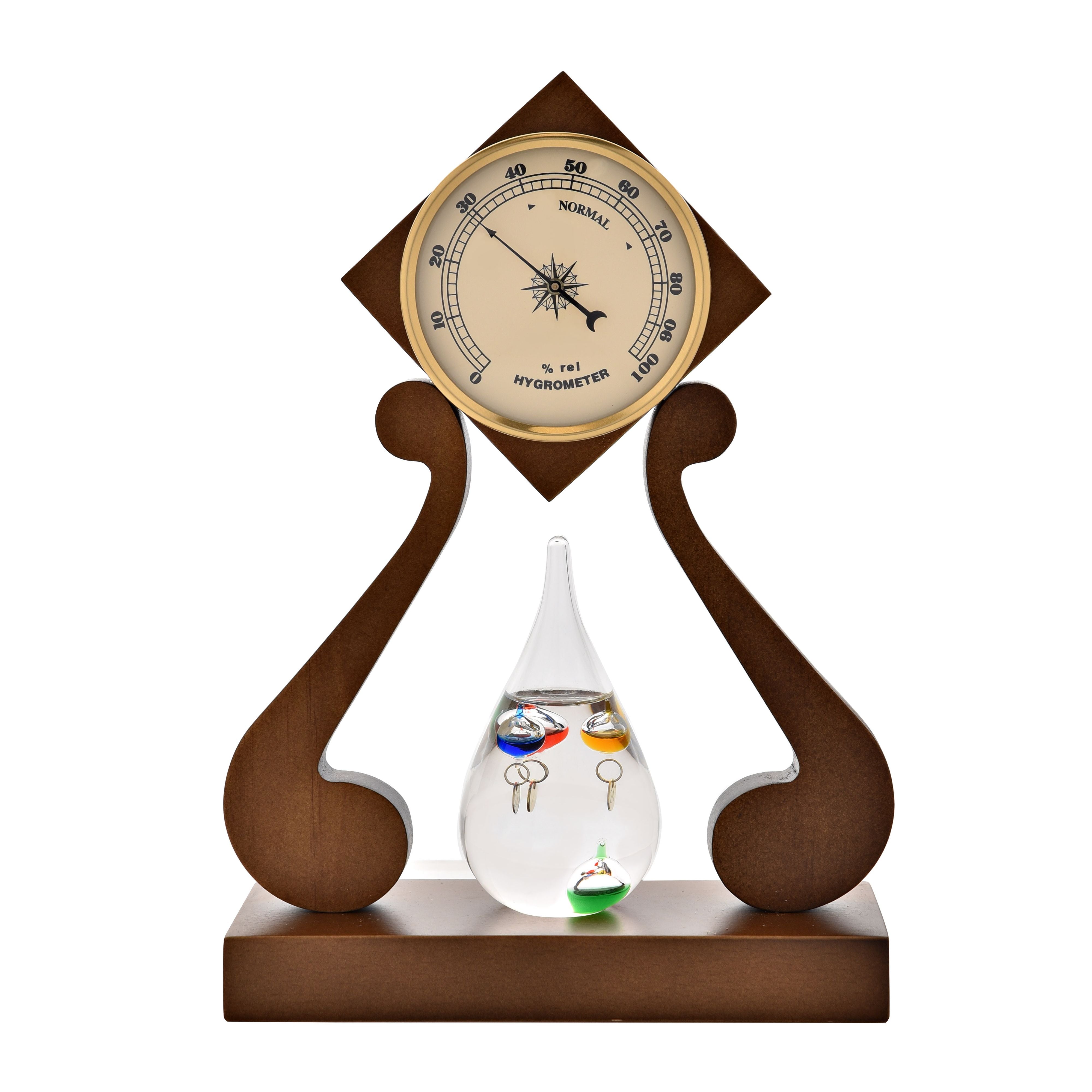 Galileo Weather Station Thermometer Barometer Hygrometer & Clock Wood Frame