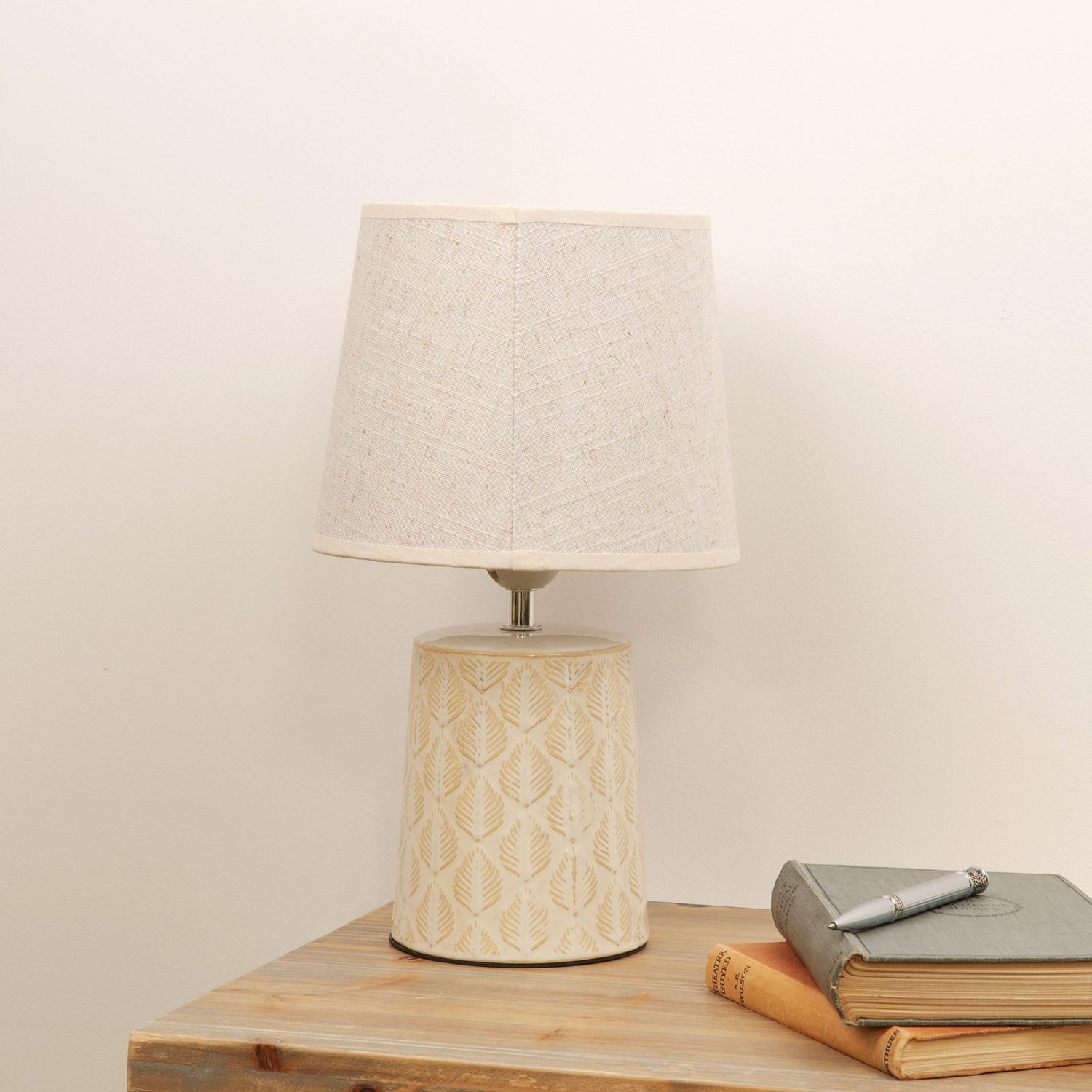 Leaf Print Table Lamp with Beige Linen Shade *(8/6)*