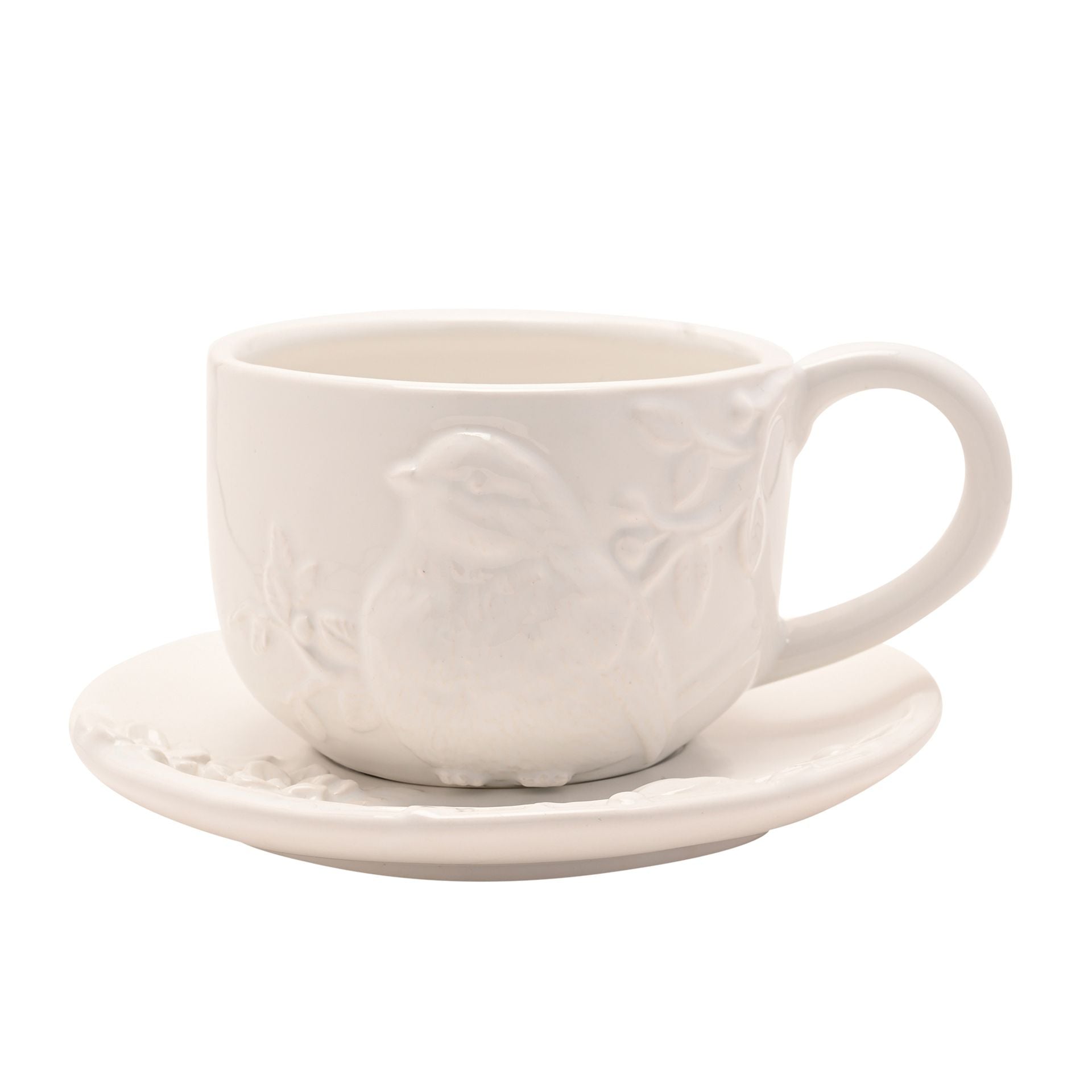 Hestia White Floral Bird Teacup & Saucer Set