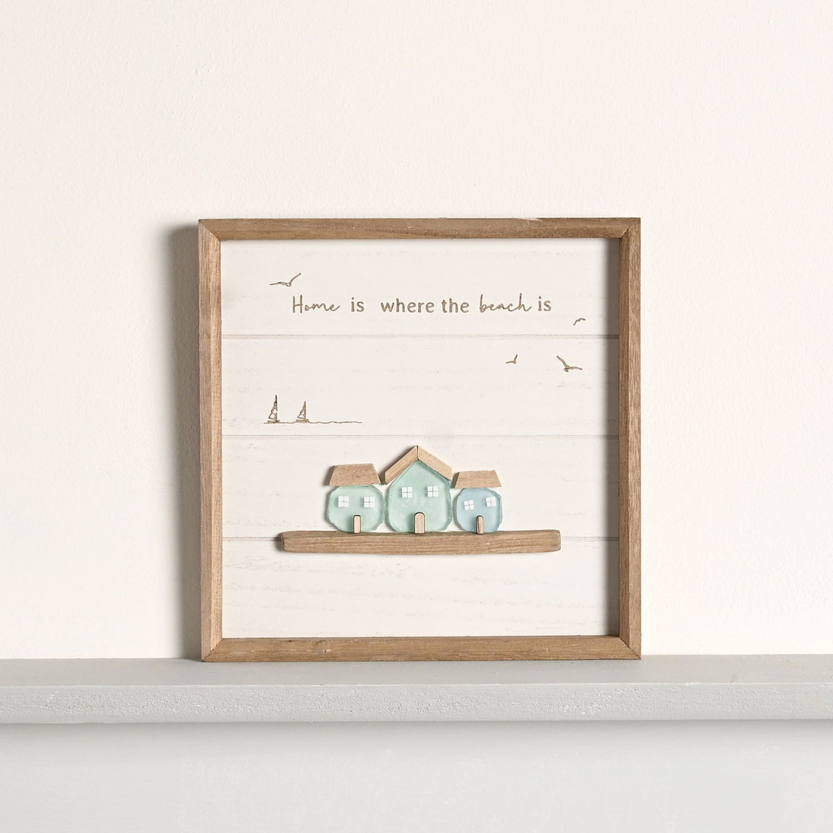 Love Life By The Sea Framed Plaque with Sea Glass - 3 Houses