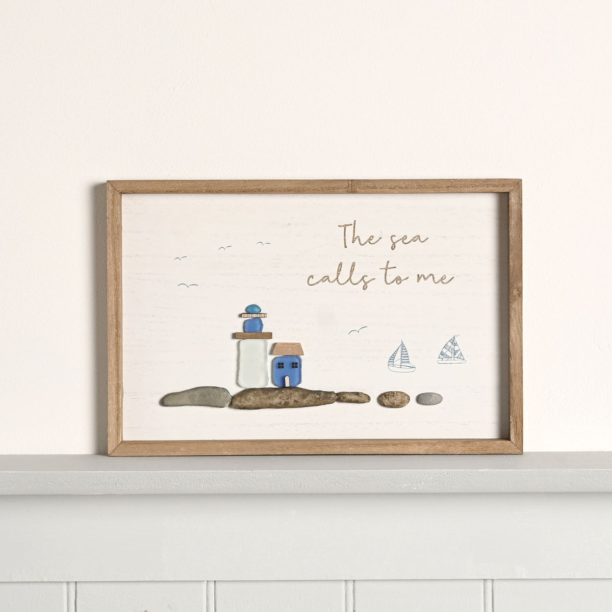 Love Life By The Sea Framed Plaque with Sea Glass - Lighthouse