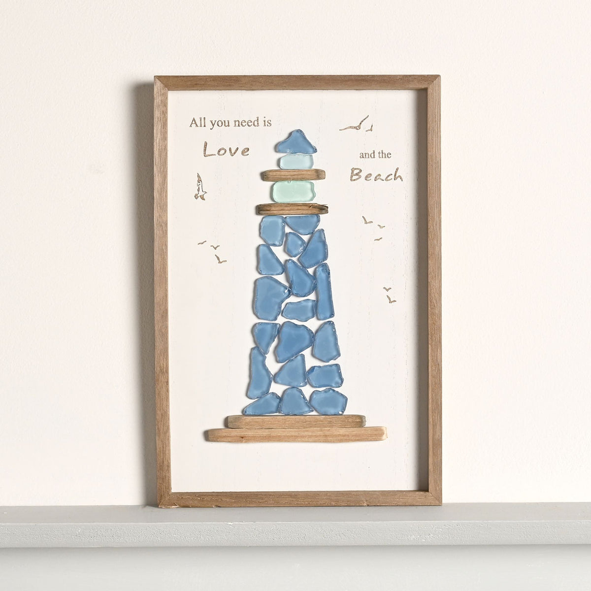Love Life By The Sea Framed Plaque with Sea Glass - Large Lighthouse