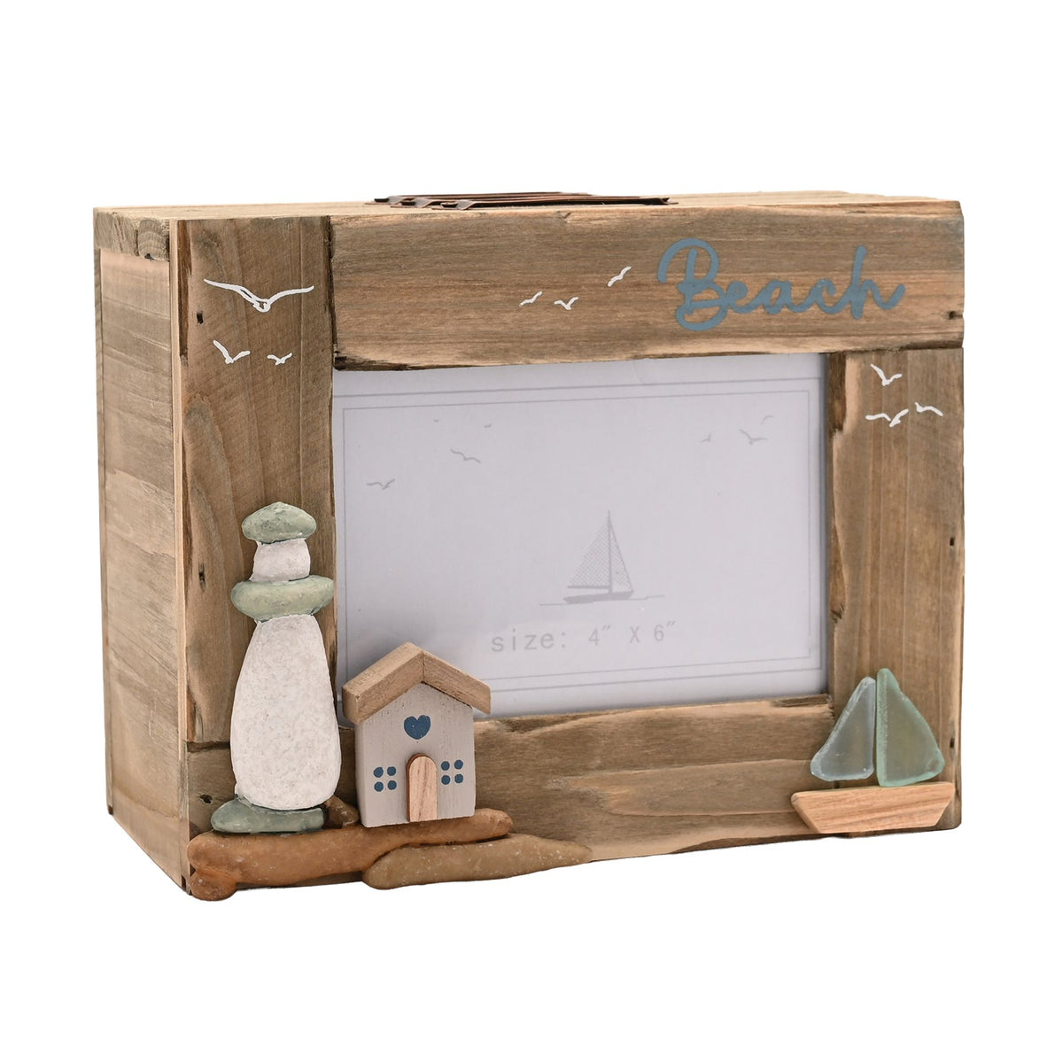 Love Life By The Sea Driftwood Photo Box with Sea Glass
