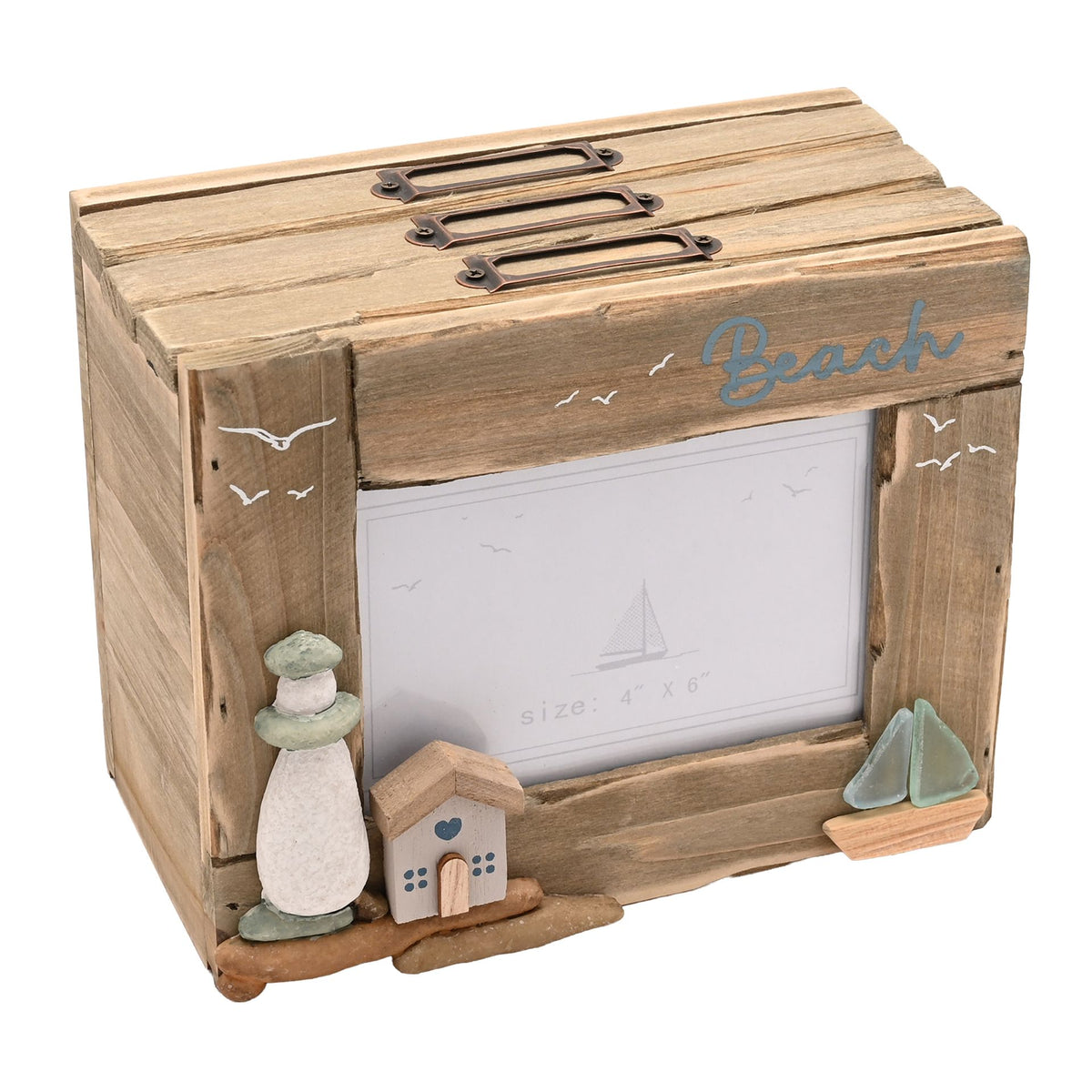 Love Life By The Sea Driftwood Photo Box with Sea Glass