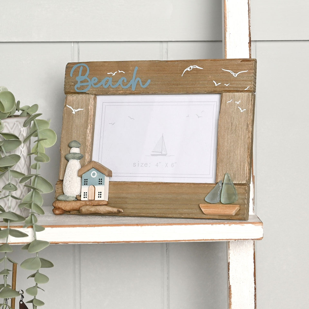 Love Life By The Sea Driftwood Photo Frame with Sea Glass