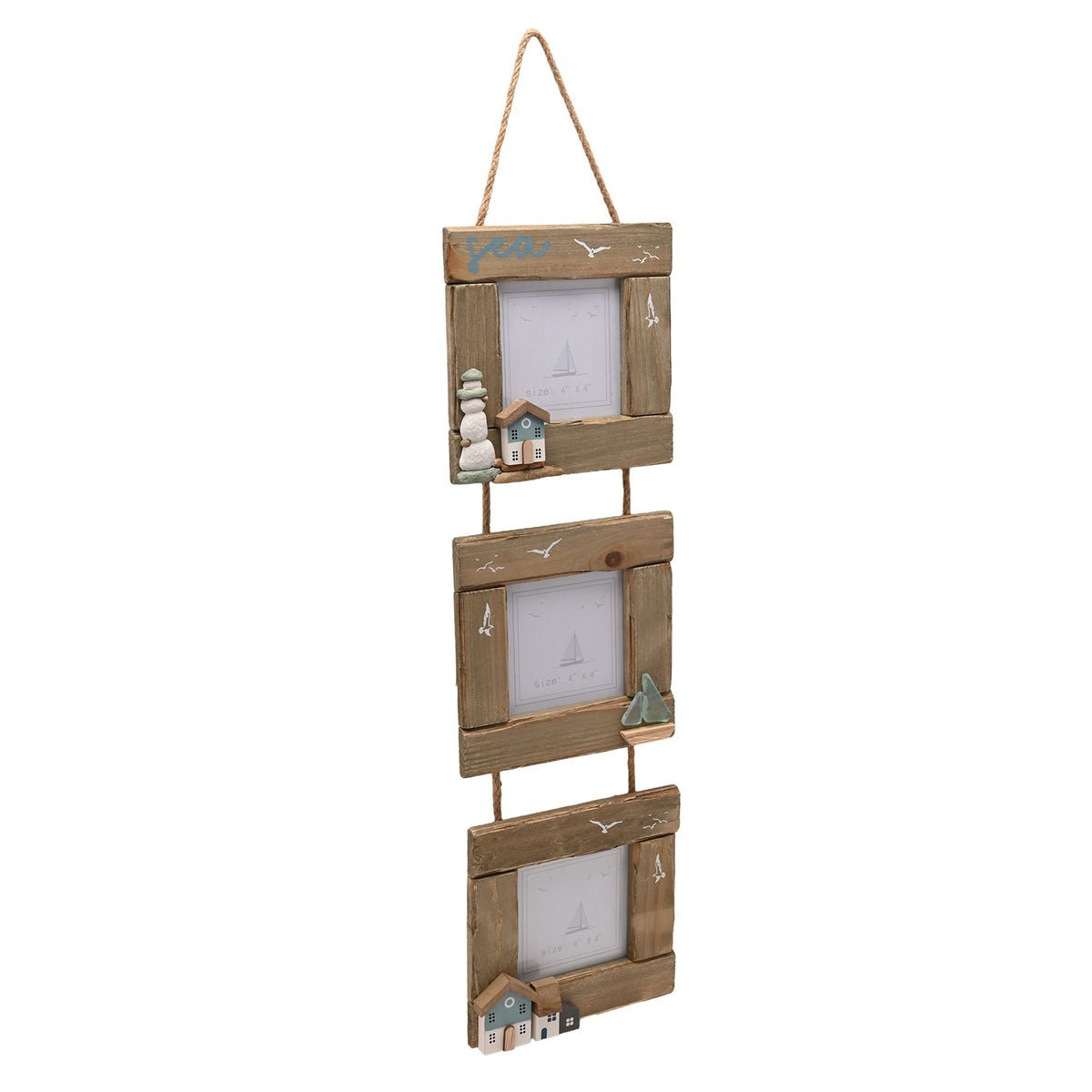 Love Life By The Sea Driftwood Triple Hanging Frame with Sea Glass