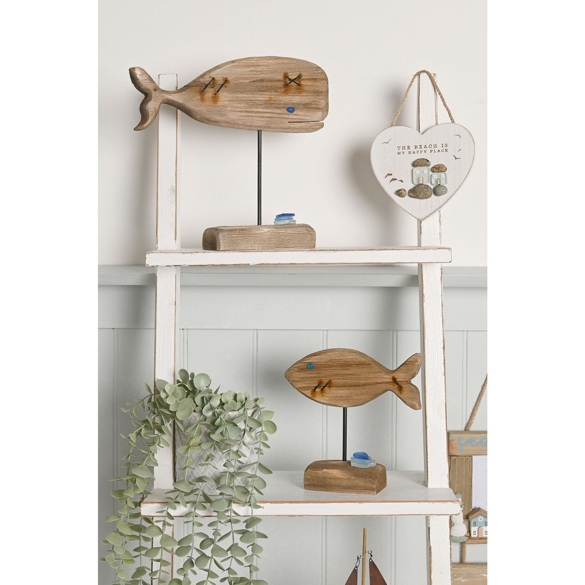 Love Life By The Sea Driftwood with Sea Glass - Fish 18cm