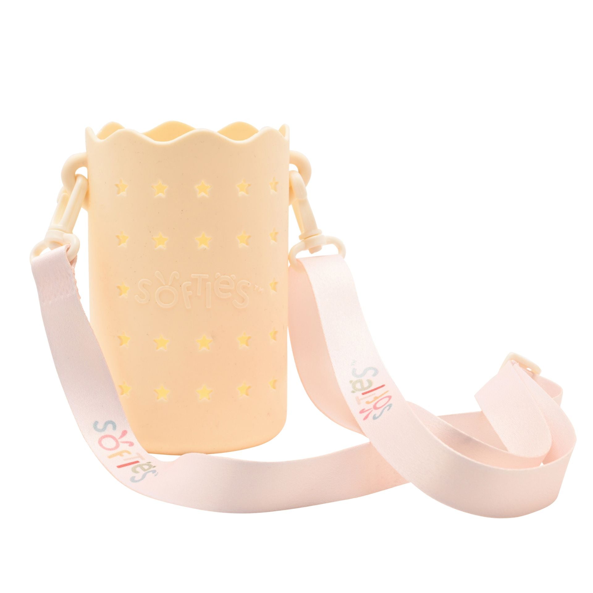 Softies Silicone Water Bottle Bag with Charm Holes and Fabric Clip on Carry Strap