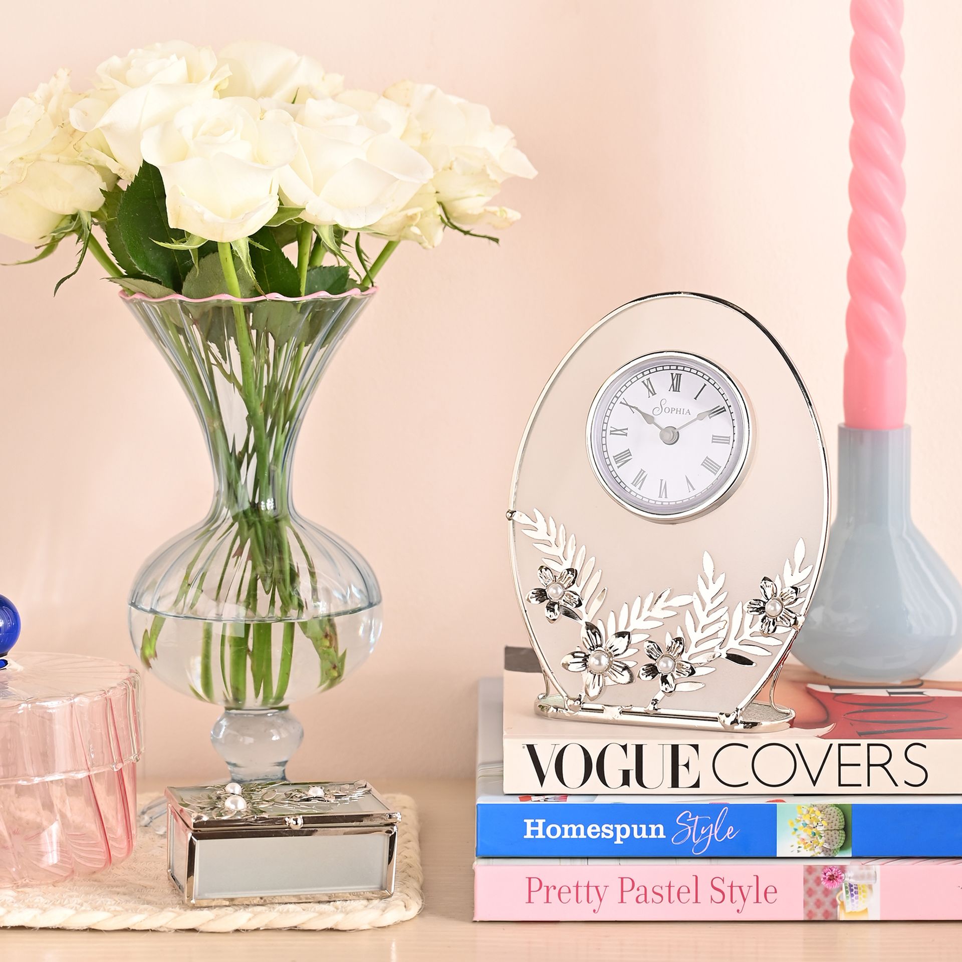 Sophia Classic Silver Daisy Mantel Clock