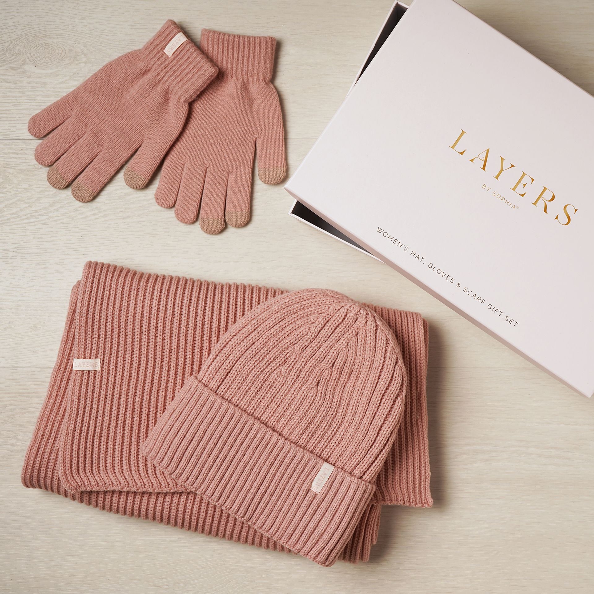 Sophia Layers Cosy Knit Hat Glove & Scarf Gift Set - Blush Pink