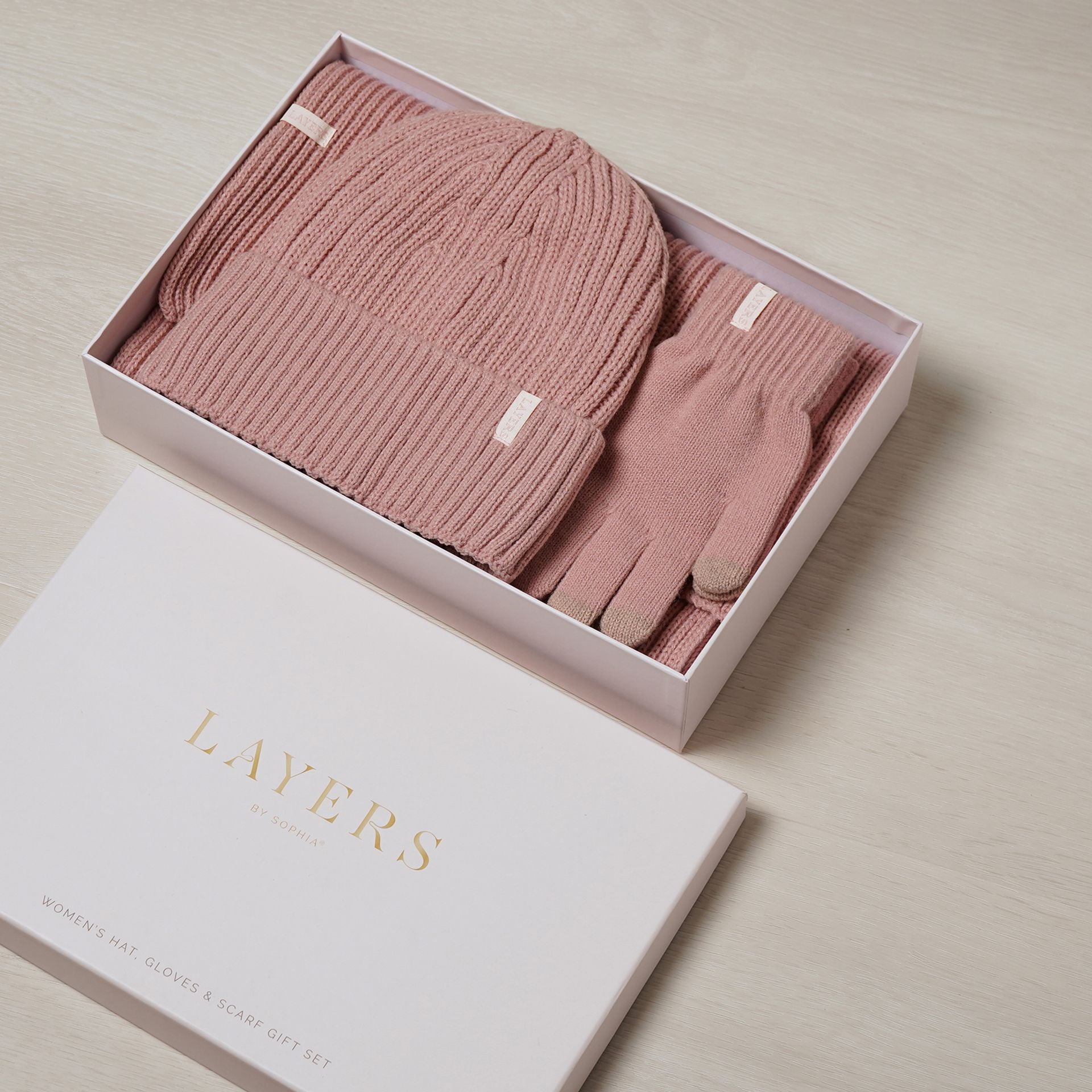 Sophia Layers Cosy Knit Hat Glove & Scarf Gift Set - Blush Pink