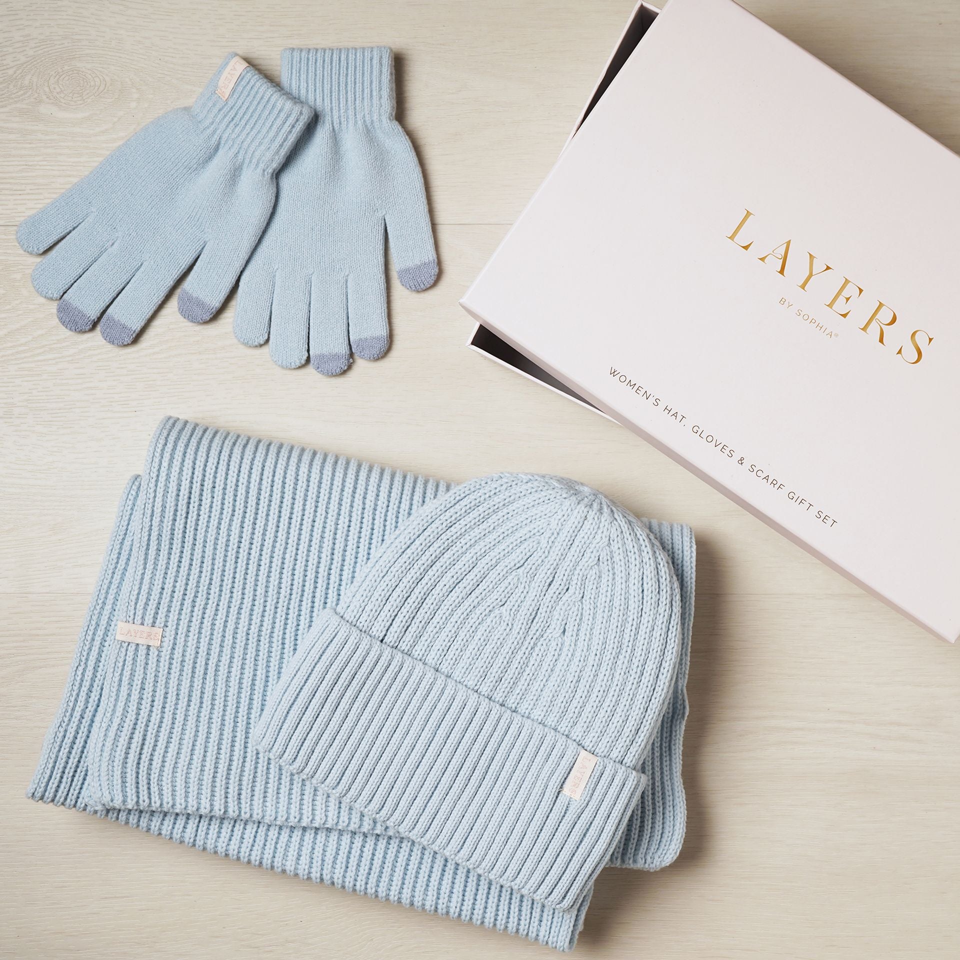 Sophia Layers Cosy Knit Hat Glove & Scarf Gift Set - Powder Blue