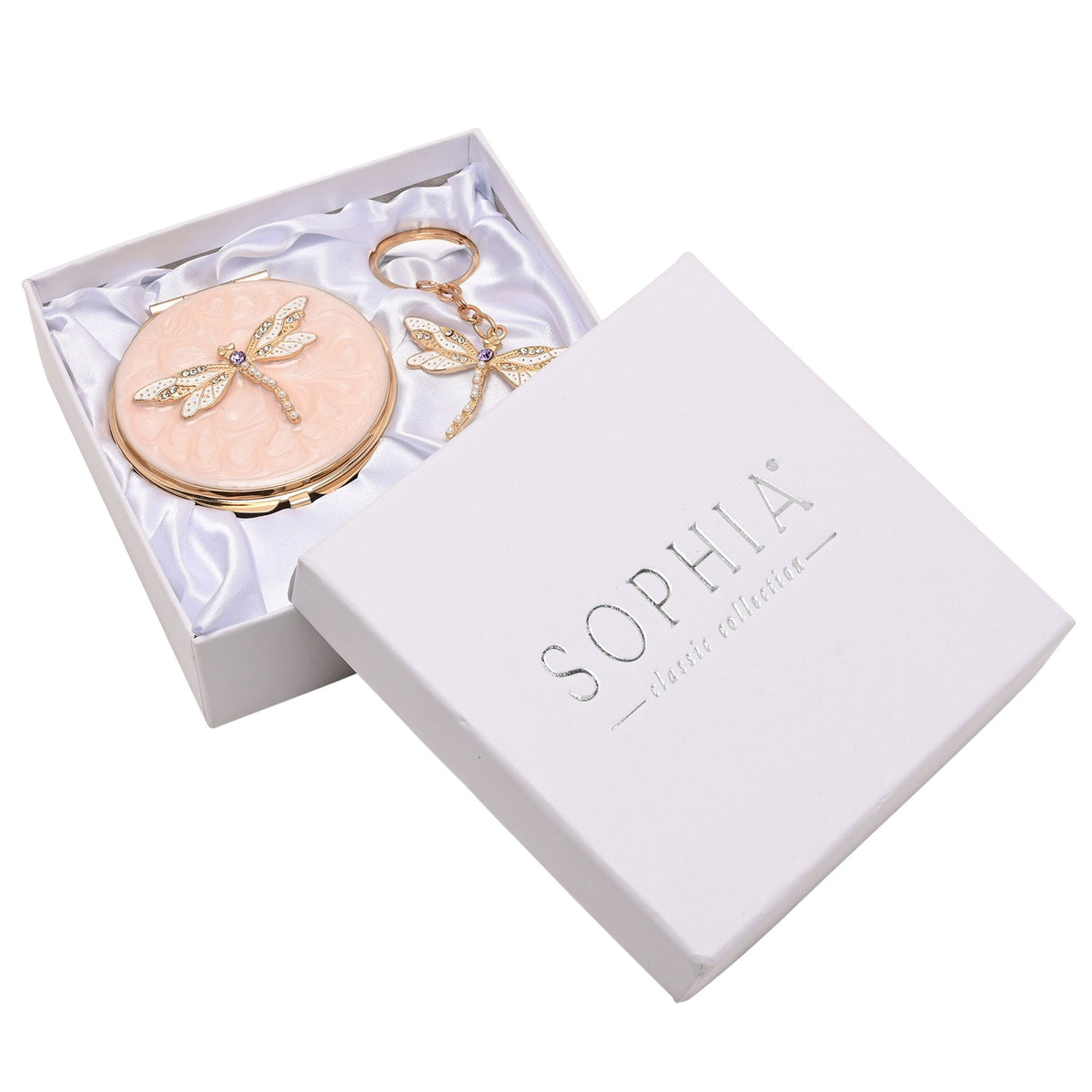 Sophia Classic Compact Mirror and Keyring Gift Set - Blush Dragonfly