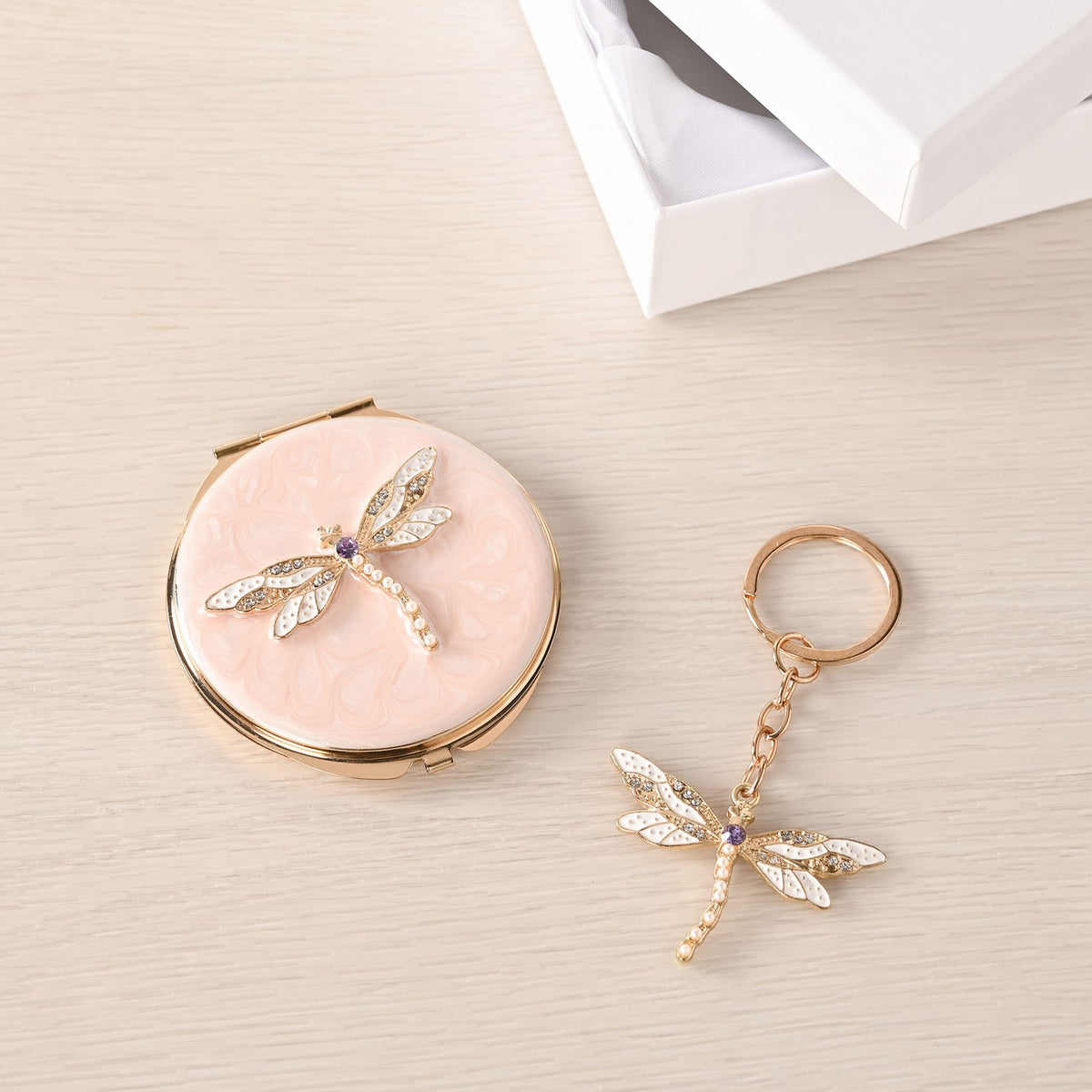 Sophia Classic Compact Mirror and Keyring Gift Set - Blush Dragonfly