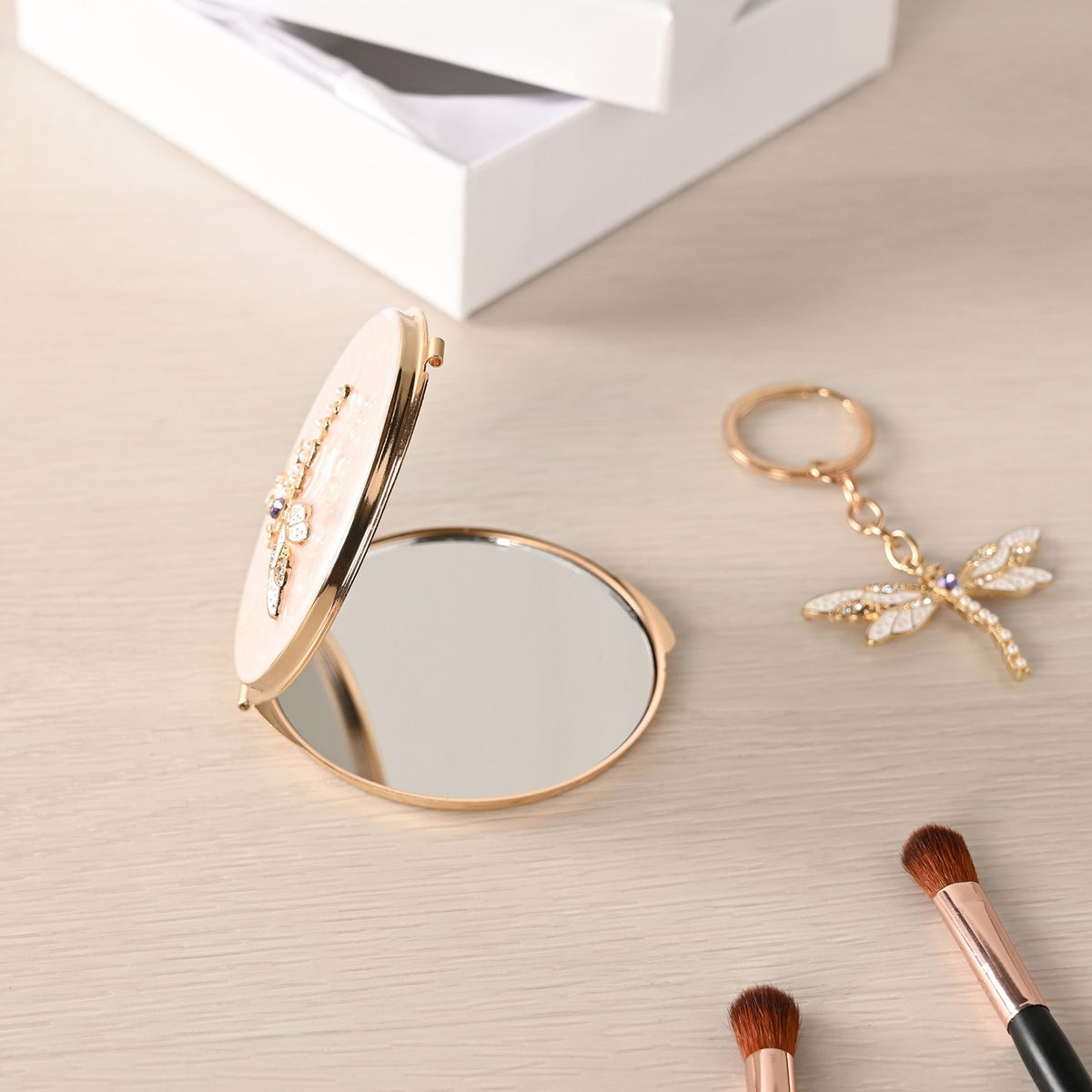 Sophia Classic Compact Mirror and Keyring Gift Set - Blush Dragonfly