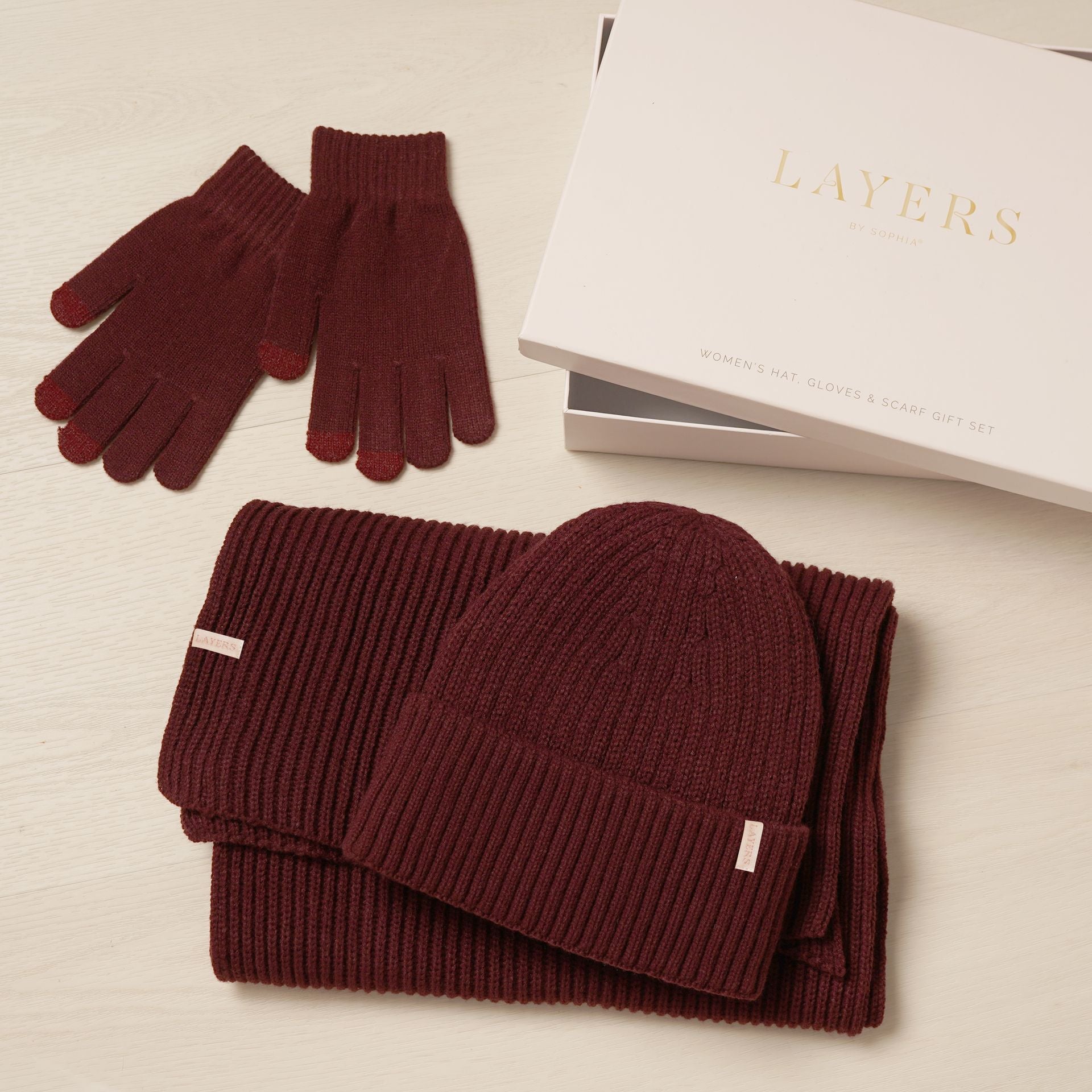 Sophia Layers Cosy Knit Hat Glove & Scarf Gift Set - Burgundy