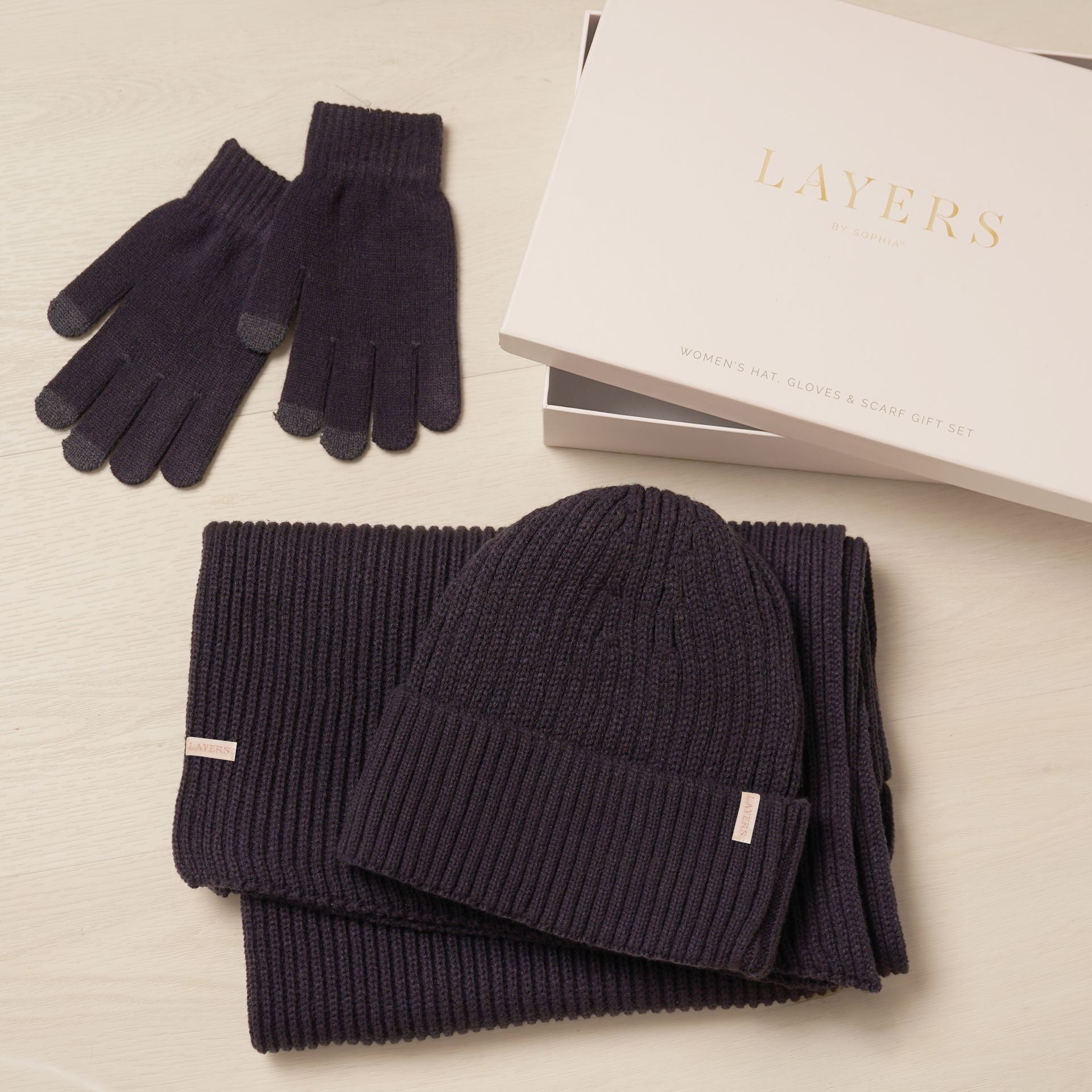 Sophia Layers Cosy Knit Hat Glove & Scarf Gift Set - Navy