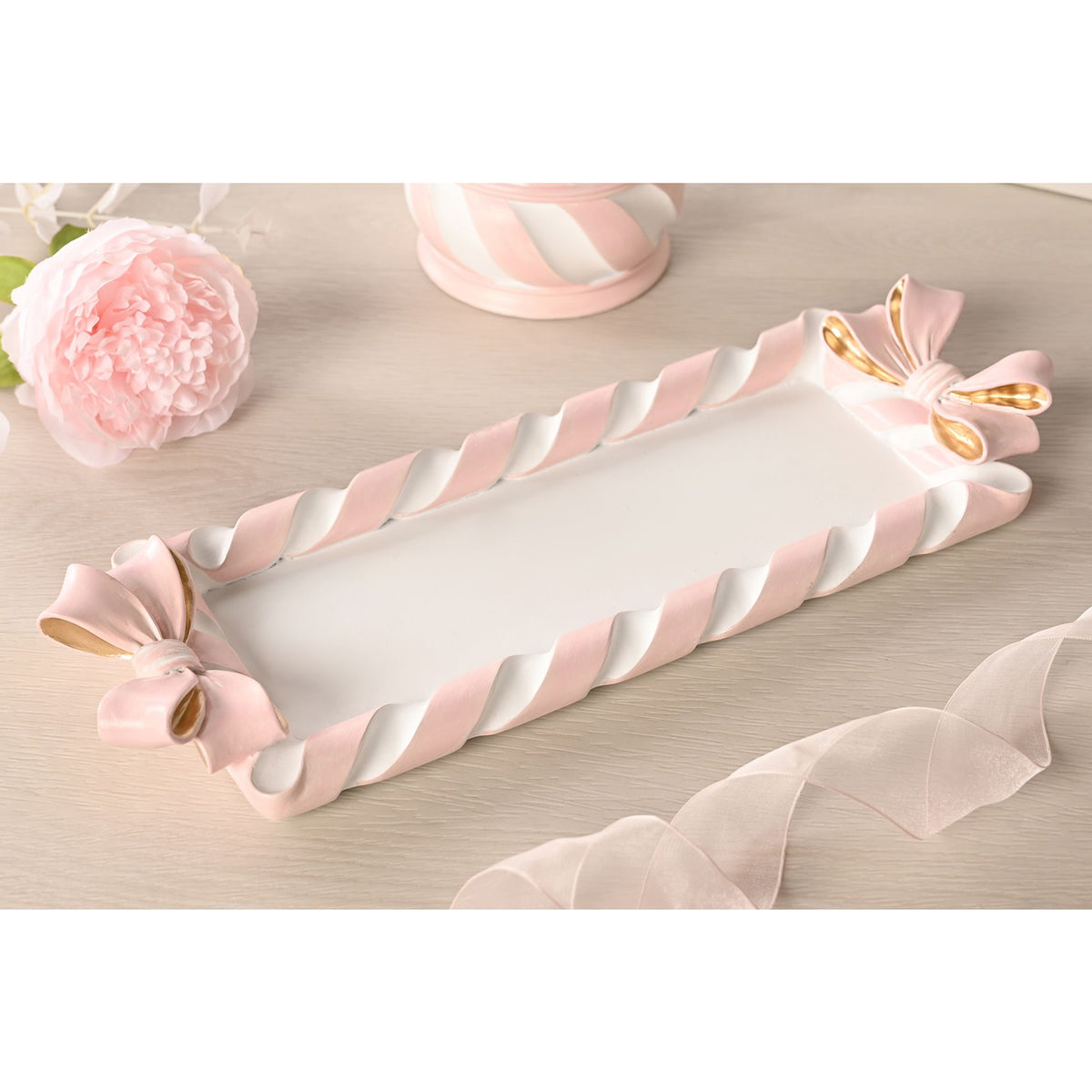 Resin Pink Candy Cane & Bow Trinket Tray 38cm