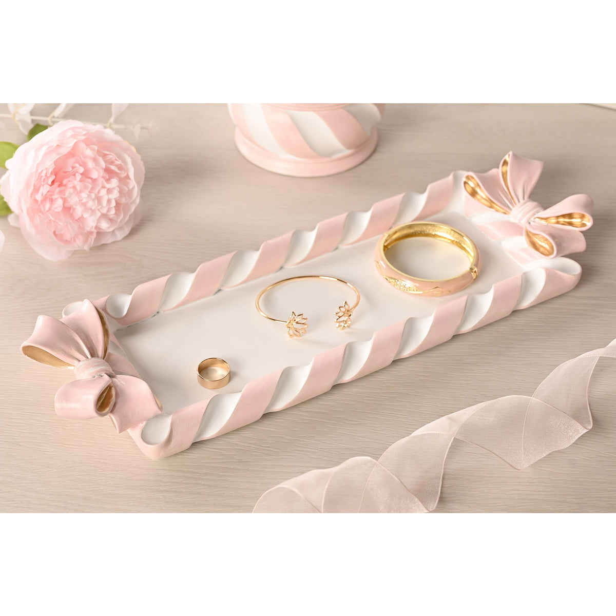 Resin Pink Candy Cane & Bow Trinket Tray 38cm