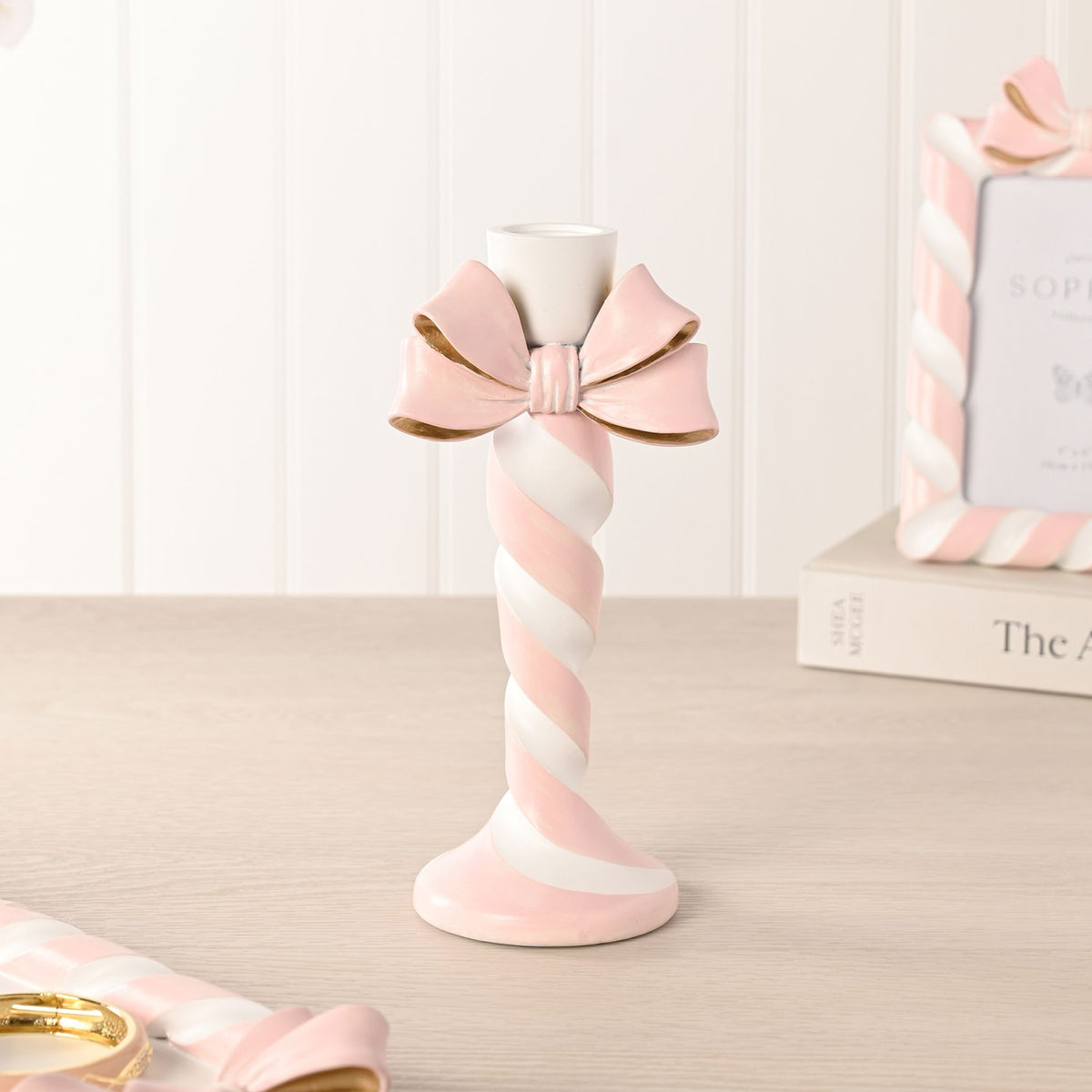 Resin Pink Candy Cane and Bow Candlestick- 22cm