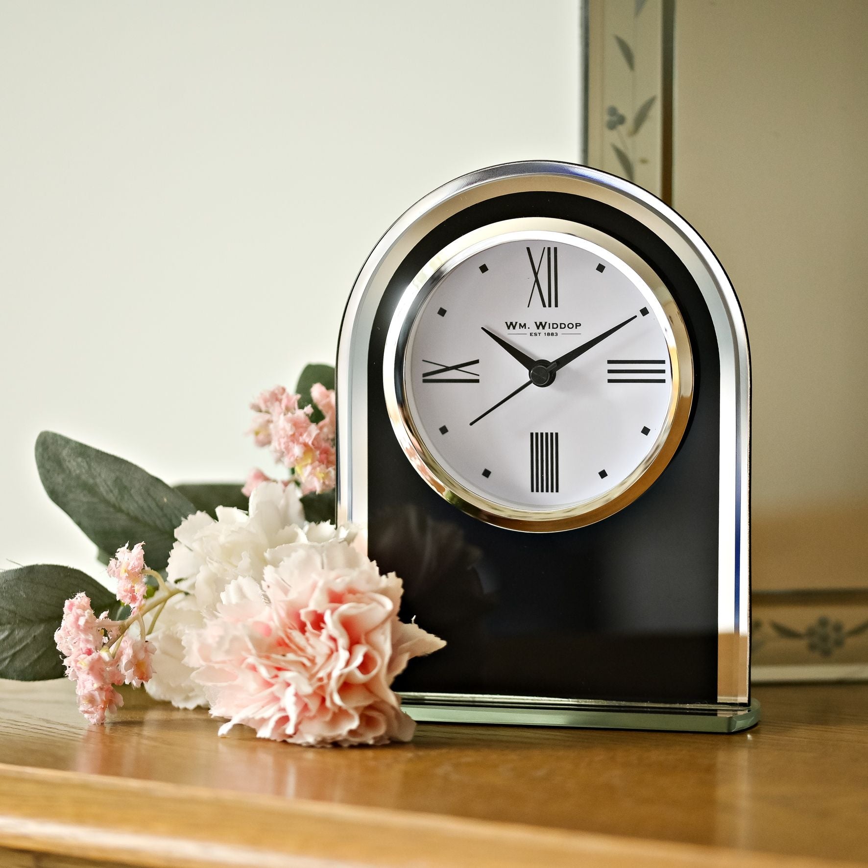 Wm.Widdop Black & Clear Arched Mantel Clock