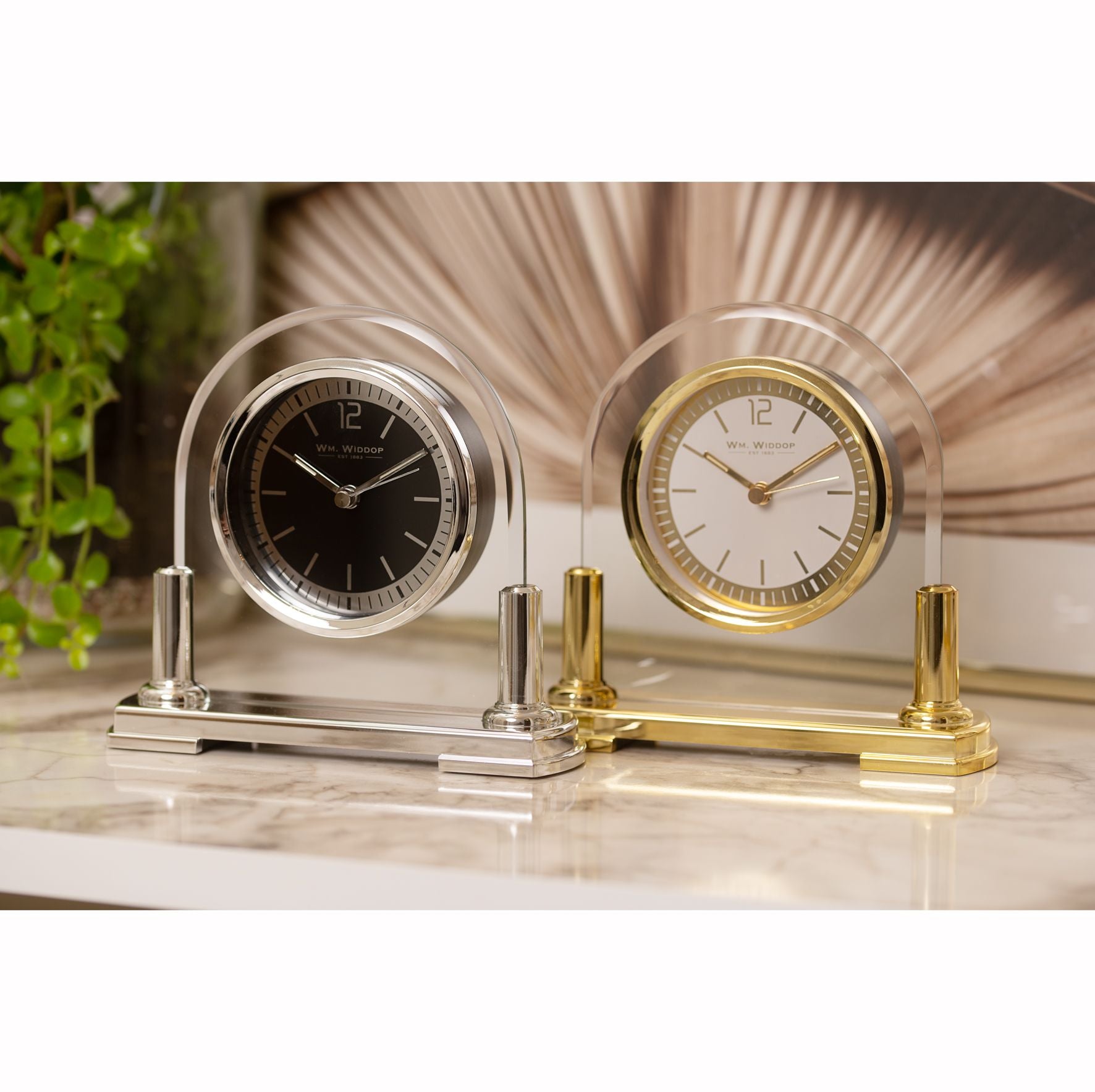 Wm.Widdop Glass Mantel Clock 2 Tone Dial Gold Stand