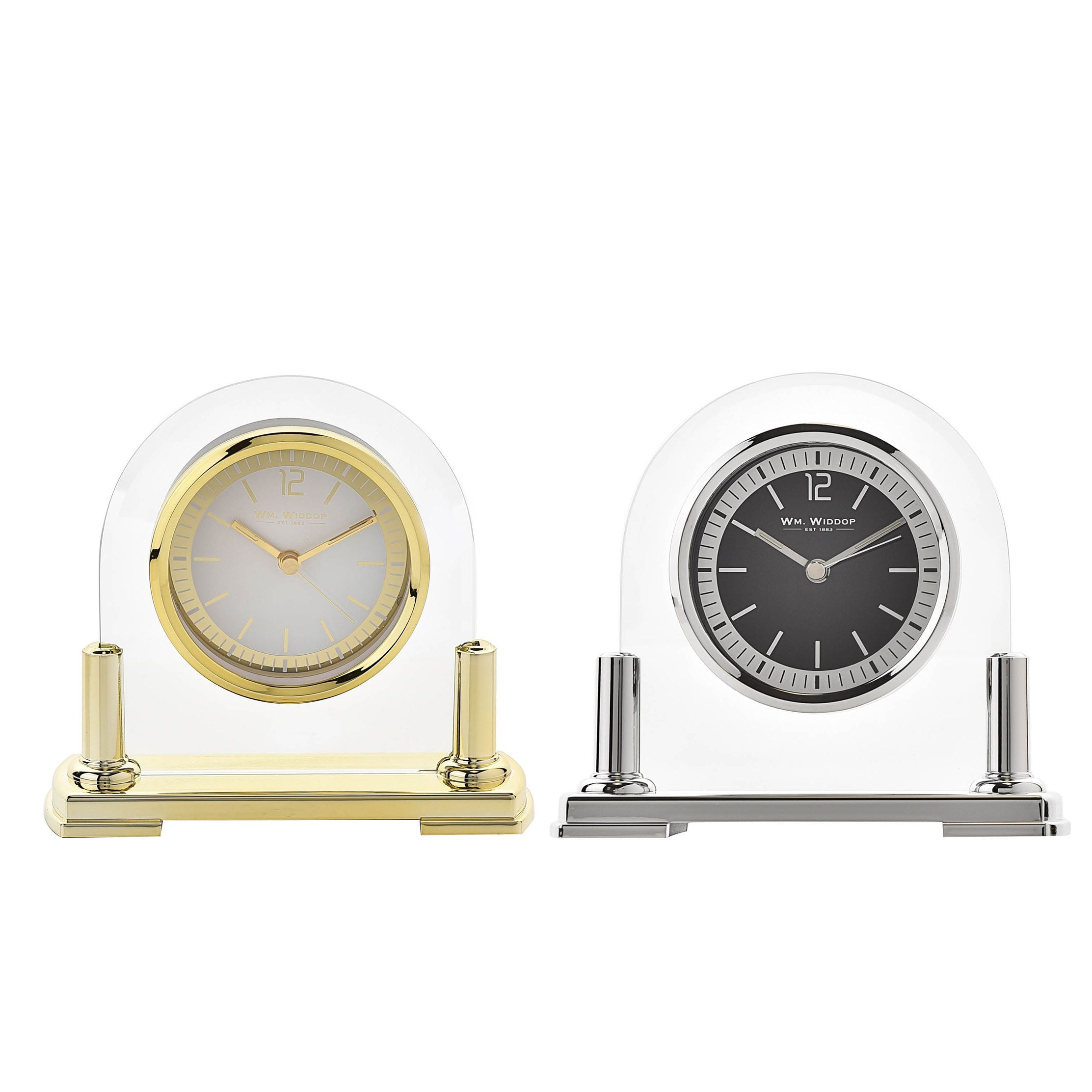 Wm.Widdop Glass Mantel Clock 2 Tone Dial Gold Stand