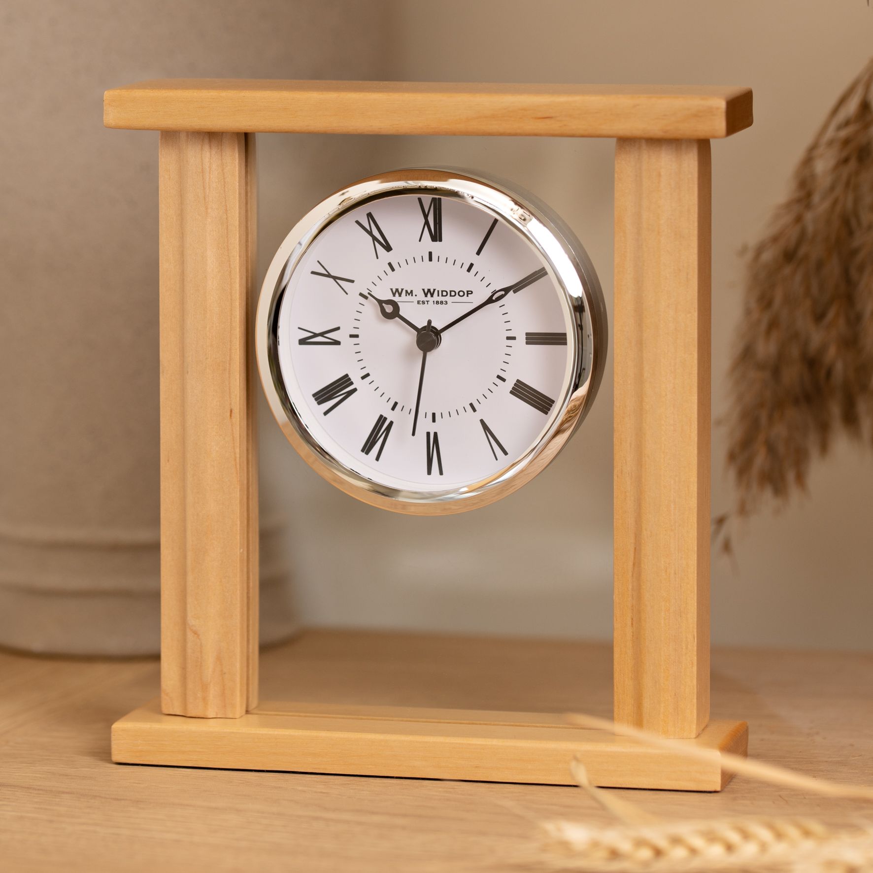 Wm.Widdop Wood & Glass Mantel Clock Roman Dial Silver Bezel