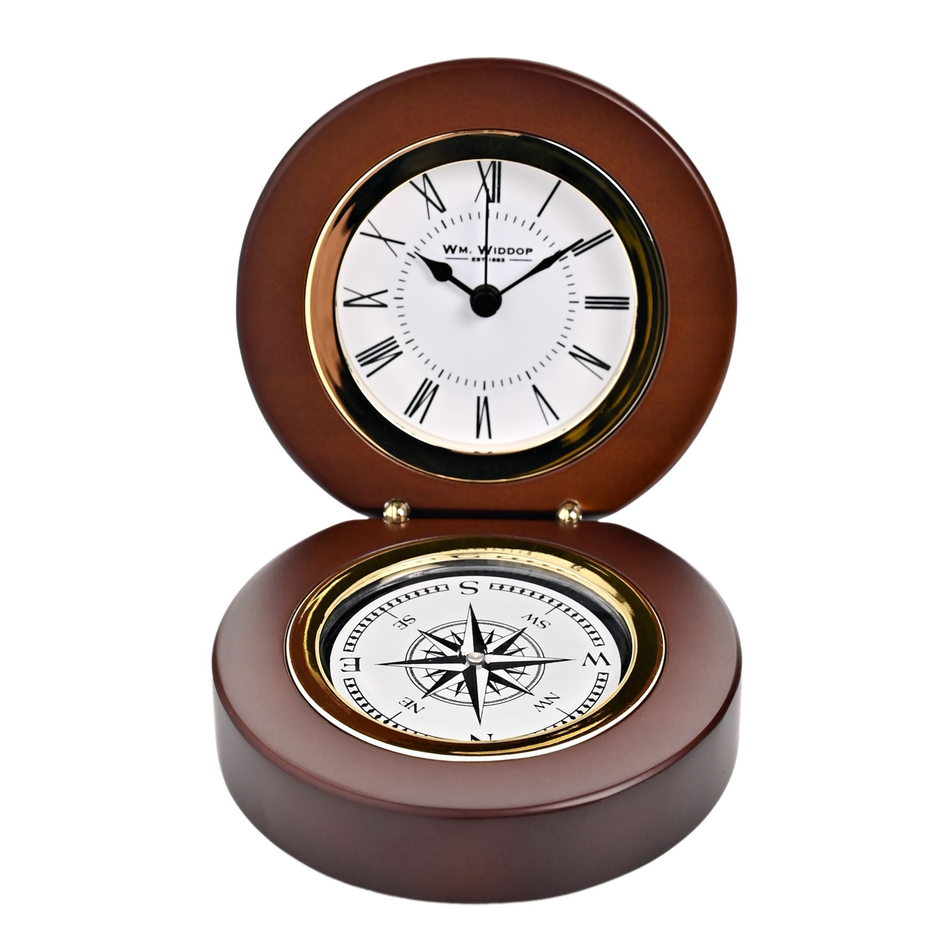 Wm. Widdop Walnut Finish Folding Mantel Clock & Compass